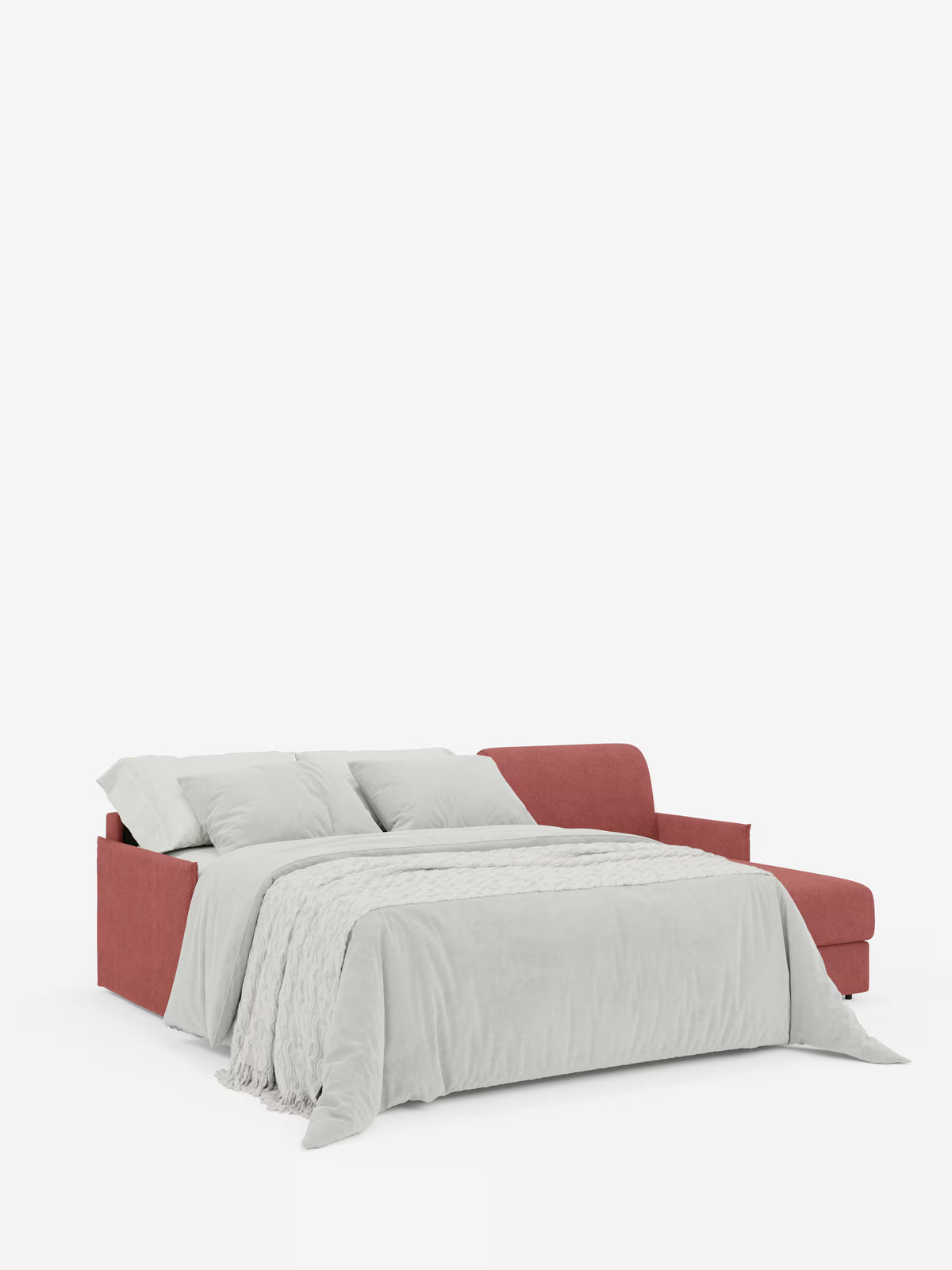 Il divano letto angolare con penisola contenitore Evans di Divani.Store è raffigurato aperto in versione letto, rivestito in rosso e adornato con biancheria da letto grigio chiaro e tre cuscini coordinati. Su uno sfondo bianco a tinta unita, l’immagine mette in risalto il suo design moderno e minimalista, la morbida consistenza del tessuto smacchiabile T23 e la praticità della sua chaise longue compatta con contenitore.