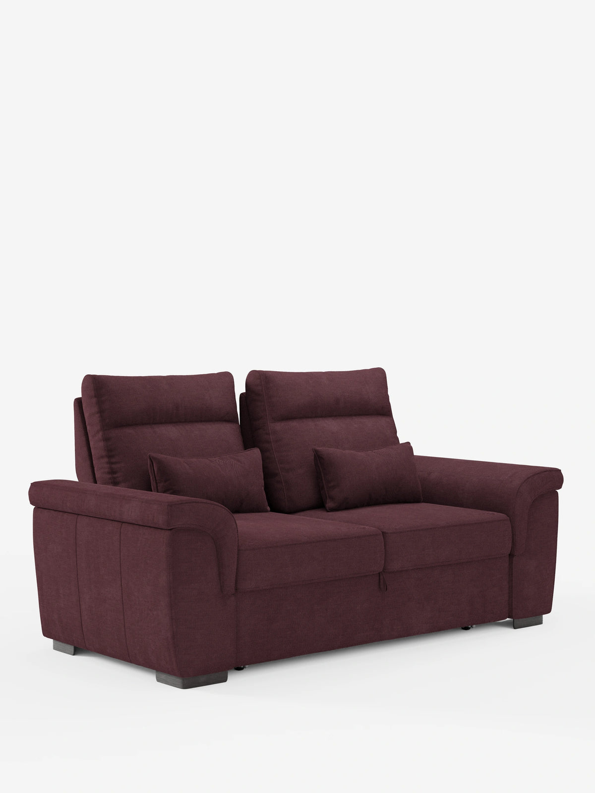 Il divano Ischia a 3 posti con pouf estraibile e schienali traslanti in tessuto misto lino smacchiabile è un divano a 3 posti color prugna con finitura testurizzata, ampi braccioli, due cuscini dello schienale, cuscini coordinati e una base estraibile.