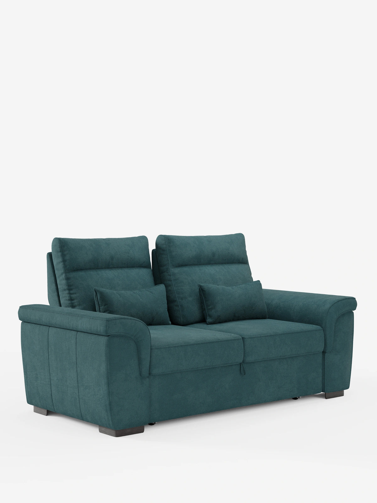 Un divano a tre posti Ischia color verde acqua con pouf estraibile e schienali scorrevoli in tessuto misto lino lavabile, su sfondo bianco, caratterizzato da schienali regolabili, cuscini cilindrici, braccioli arrotondati e piedini bassi in legno scuro.