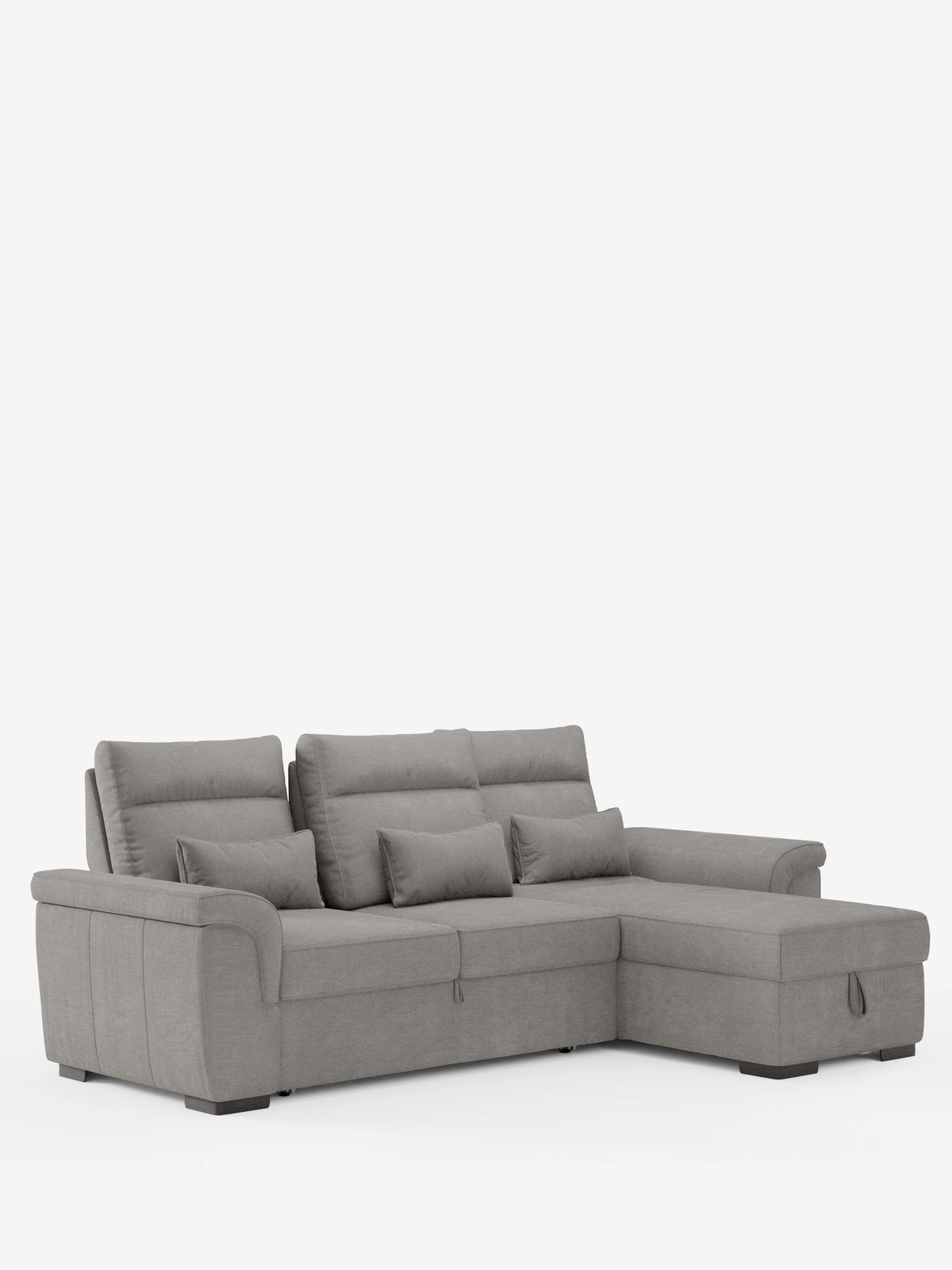 Un divano letto angolare Ischia grigio con schienali scorrevoli, elemento estraibile e penisola contenitore in tessuto antimacchia misto lino su fondo bianco, dotato di tre cuscini dello schienale, cuscini lombari e una chaise longue con contenitore.