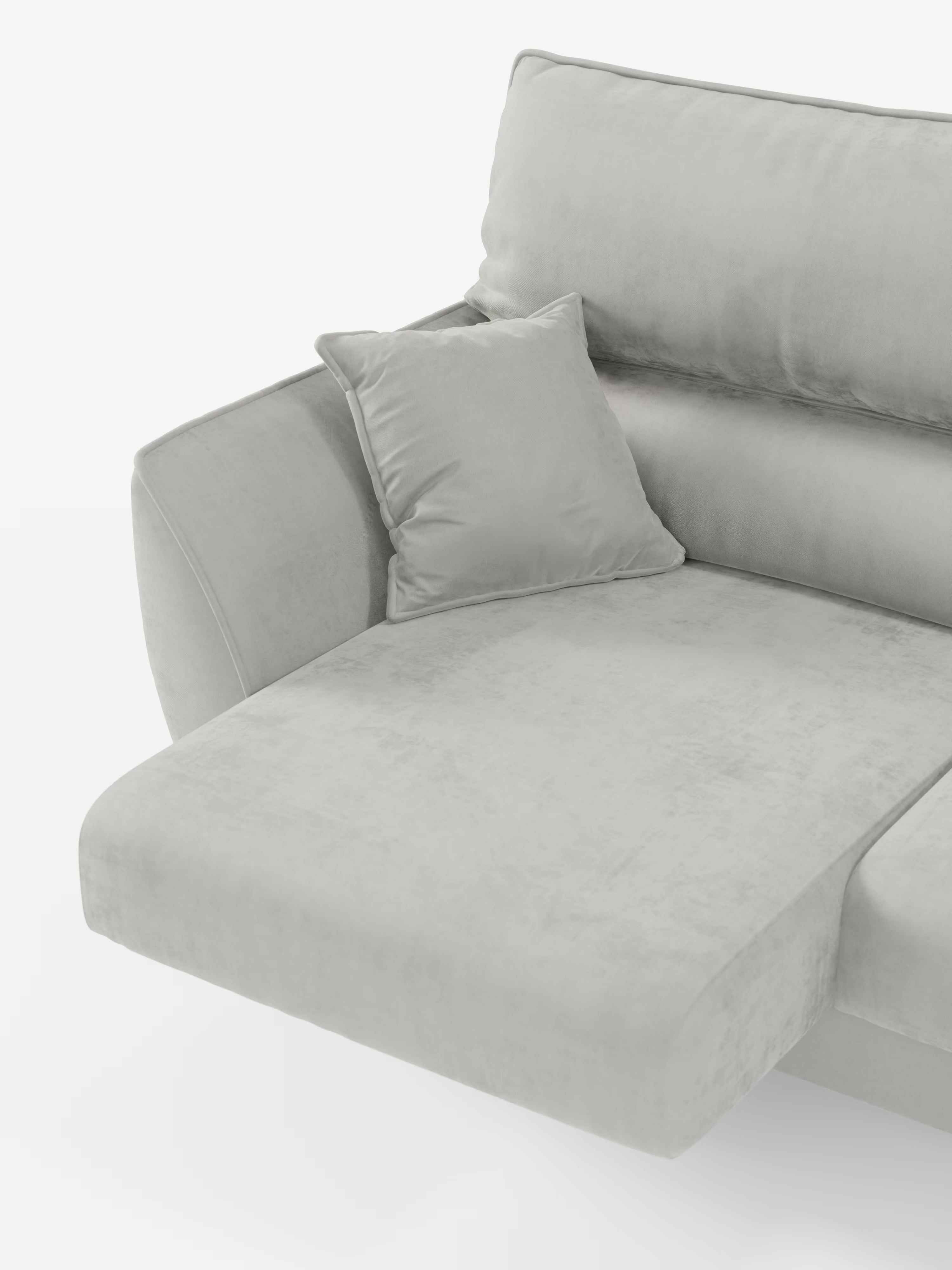 Il divano Michelangelo 4 Posti di Divani.Store è un moderno divano componibile in grigio chiaro, dotato di tre sedute estensibili e poggiatesta reclinabili. Rivestito con l'elegante tessuto vellutato T30, resistente alle macchie, il divano trasmette comfort e raffinatezza. Un cuscino grigio abbinato poggia sul bracciolo, mentre le linee pulite del suo design risaltano sullo sfondo bianco.