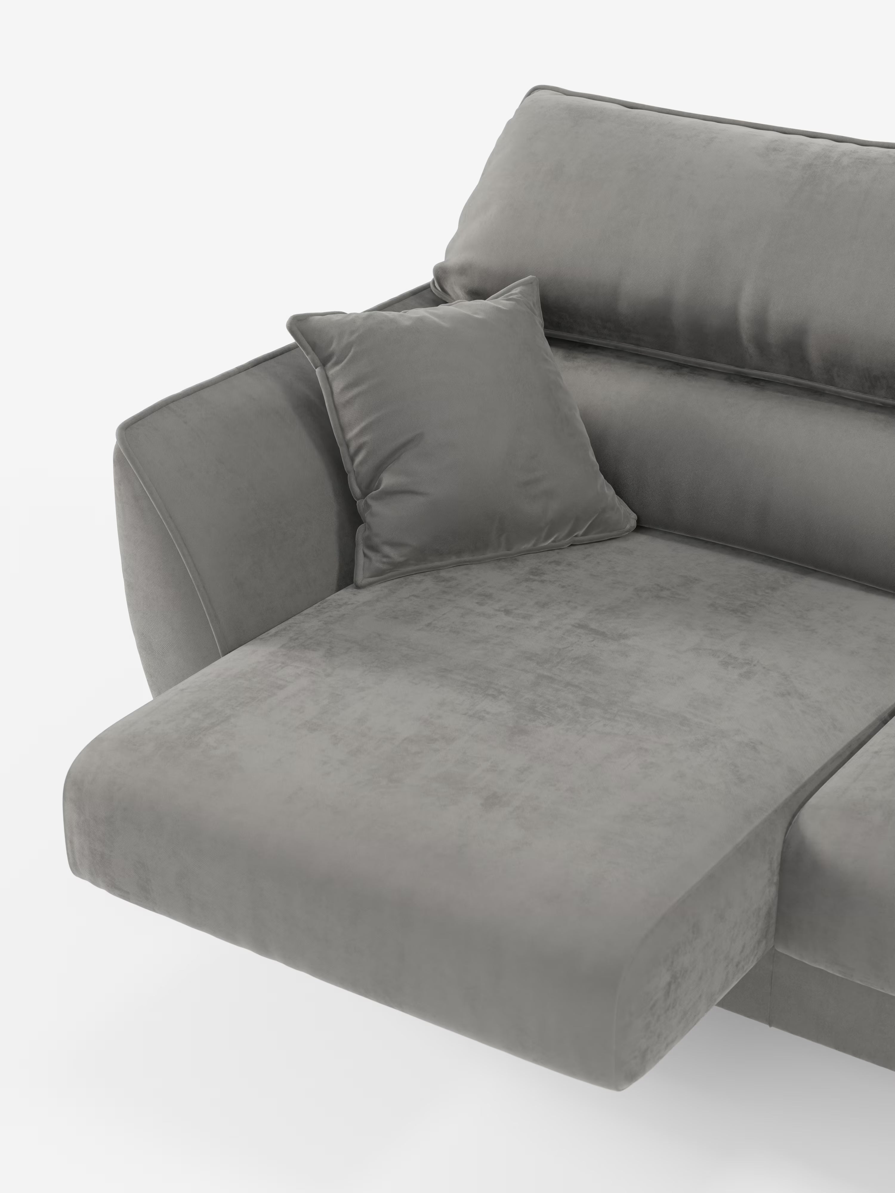 Vi presentiamo il divano Michelangelo a 2 e 3 posti di Divani.Store, una moderna chaise longue grigia dotata di sedute allungabili e poggiatesta regolabili per un comfort personalizzato. Rivestito in morbido tessuto T30 resistente alle macchie e dotato di cuscino coordinato, questo elegante divano presenta sedute avvolgenti e uno schienale inclinato per il massimo relax. Su uno sfondo bianco candido, il suo design versatile coniuga stile e praticità.