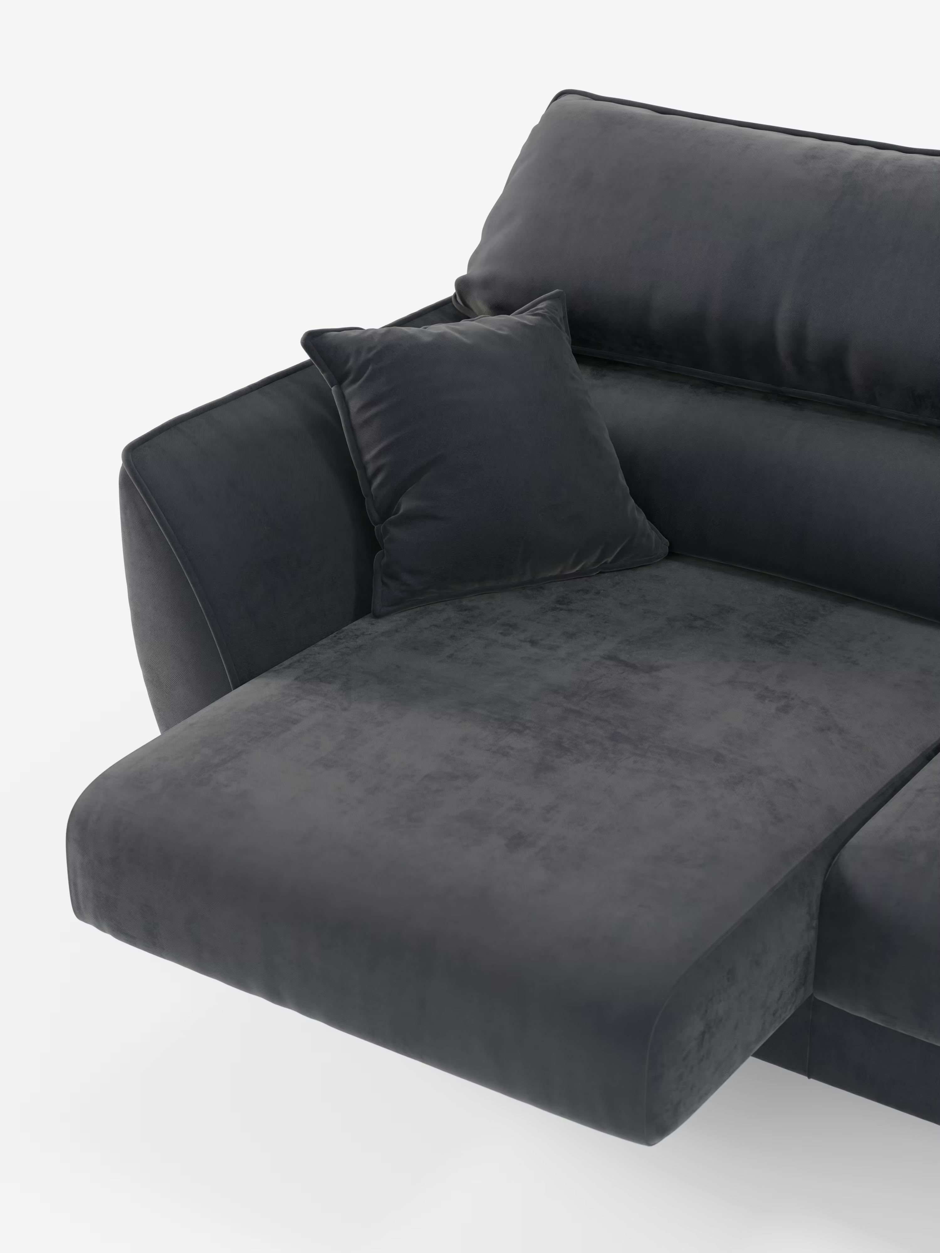 Il divano contemporaneo Michelangelo a 2 e 3 posti di Divani.Store, realizzato in tessuto T30 grigio scuro smacchiabile, presenta una spaziosa chaise longue, uno schienale basso ed è corredato da un cuscino quadrato abbinato. Con uno stile che richiama i raffinati divani italiani e dotato di sedute allungabili e poggiatesta reclinabili, il divano è esposto su uno sfondo bianco a tinta unita: è visibile solo il lato sinistro.