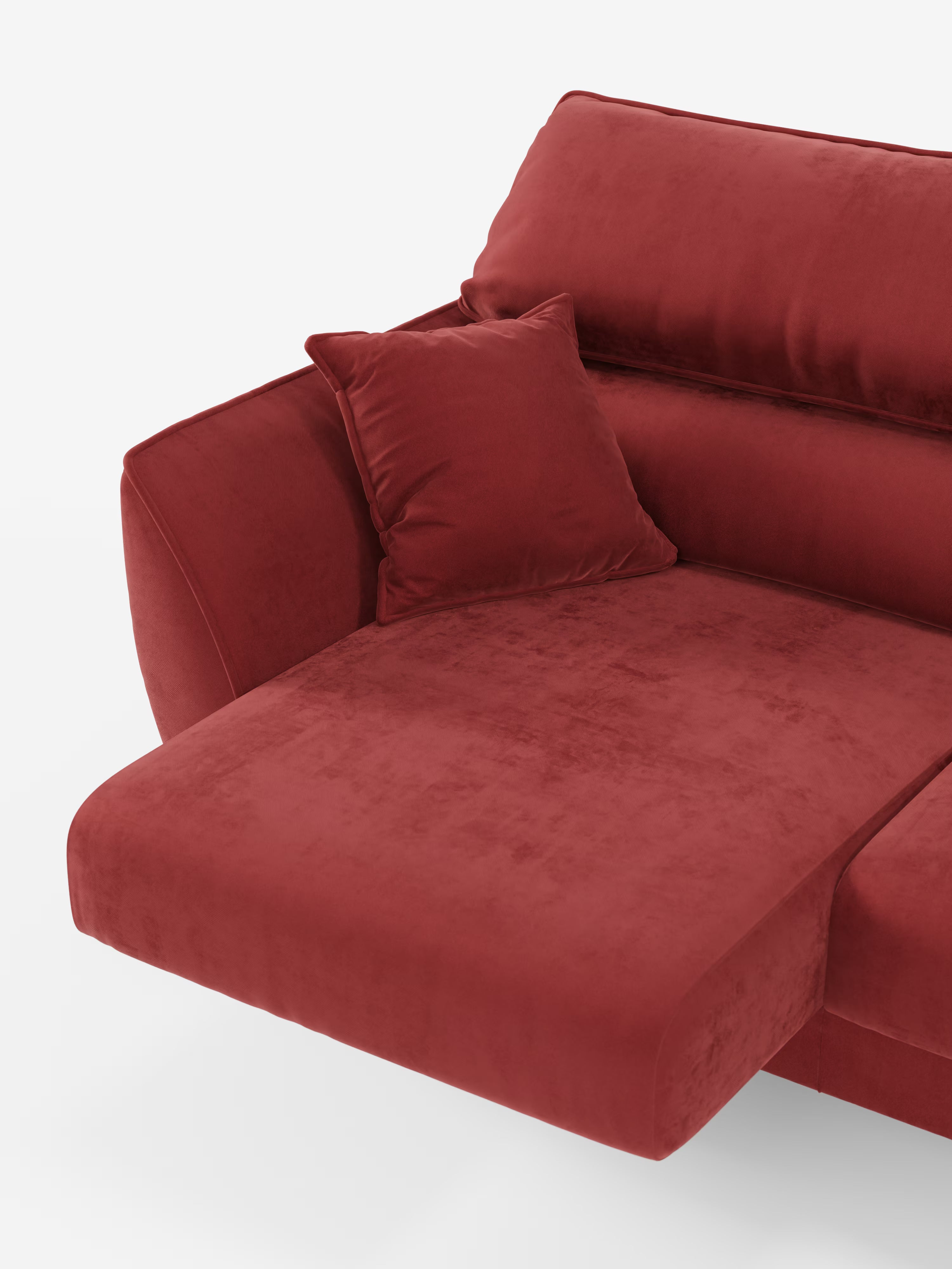 Un lussuoso e moderno divano Michelangelo a 2 e 3 posti con sedute allungabili e poggiatesta reclinabili, rivestito in tessuto antimacchia T30 di Divani.Store, è esposto su uno sfondo bianco. L'immagine mette in risalto la sezione chaise longue di questo divano moderno, evidenziandone l'ampio bracciolo e un cuscino decorativo rosso abbinato. Il tessuto T30 antimacchia presenta una trama liscia e morbida che esalta il fascino lussuoso e la versatilità di questo divano estensibile.