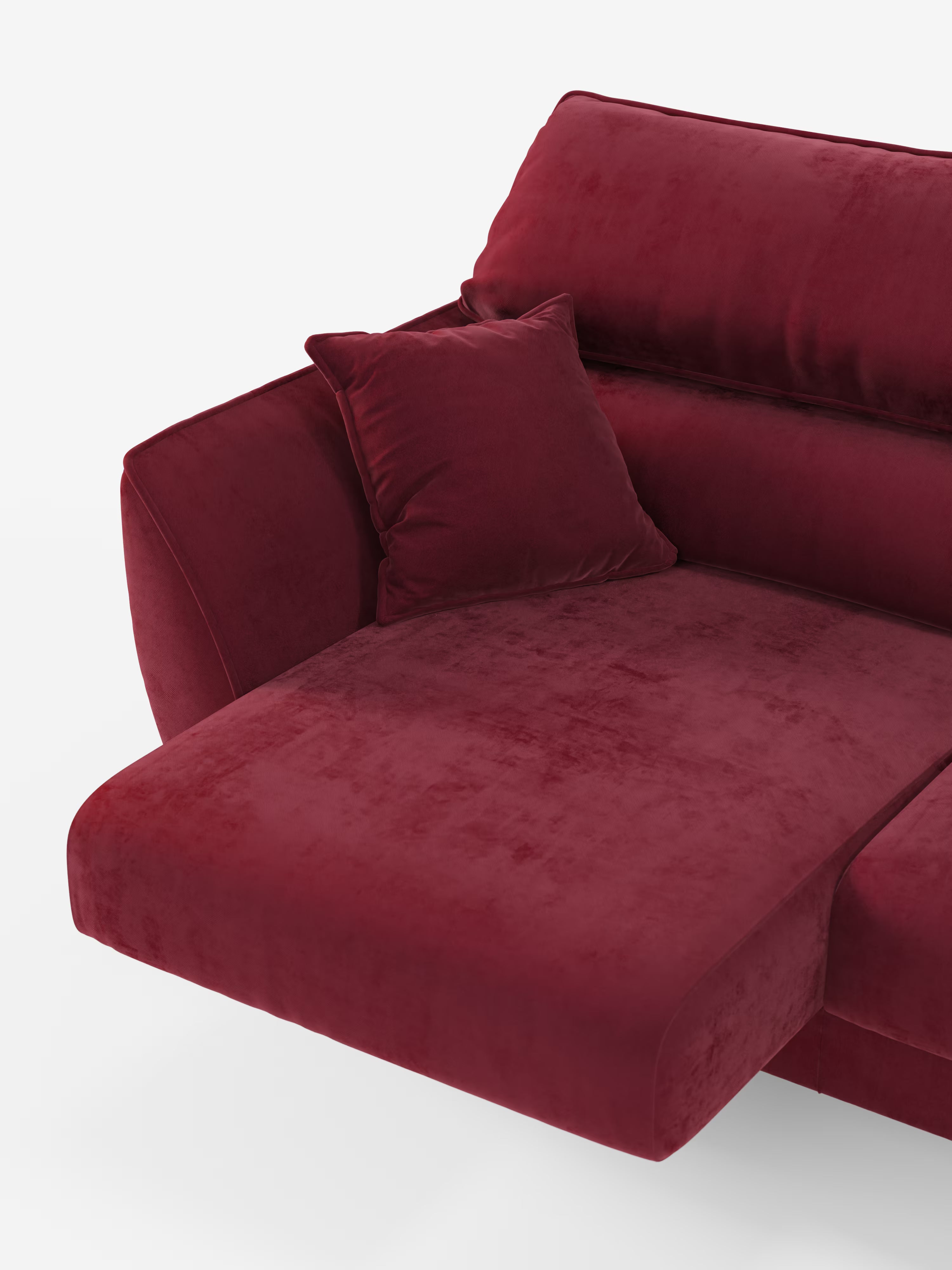 Il divano Michelangelo a 2 e 3 posti di Divani.Store è presentato in un tessuto rosso intenso, smacchiabile T30. Questo divano componibile contemporaneo è dotato di sedute allungabili e poggiatesta reclinabili; il lato sinistro forma un’estensione a chaise longue ed è corredato da un cuscino rosso abbinato. Su uno sfondo bianco, le texture morbide appaiono soffici e invitanti.