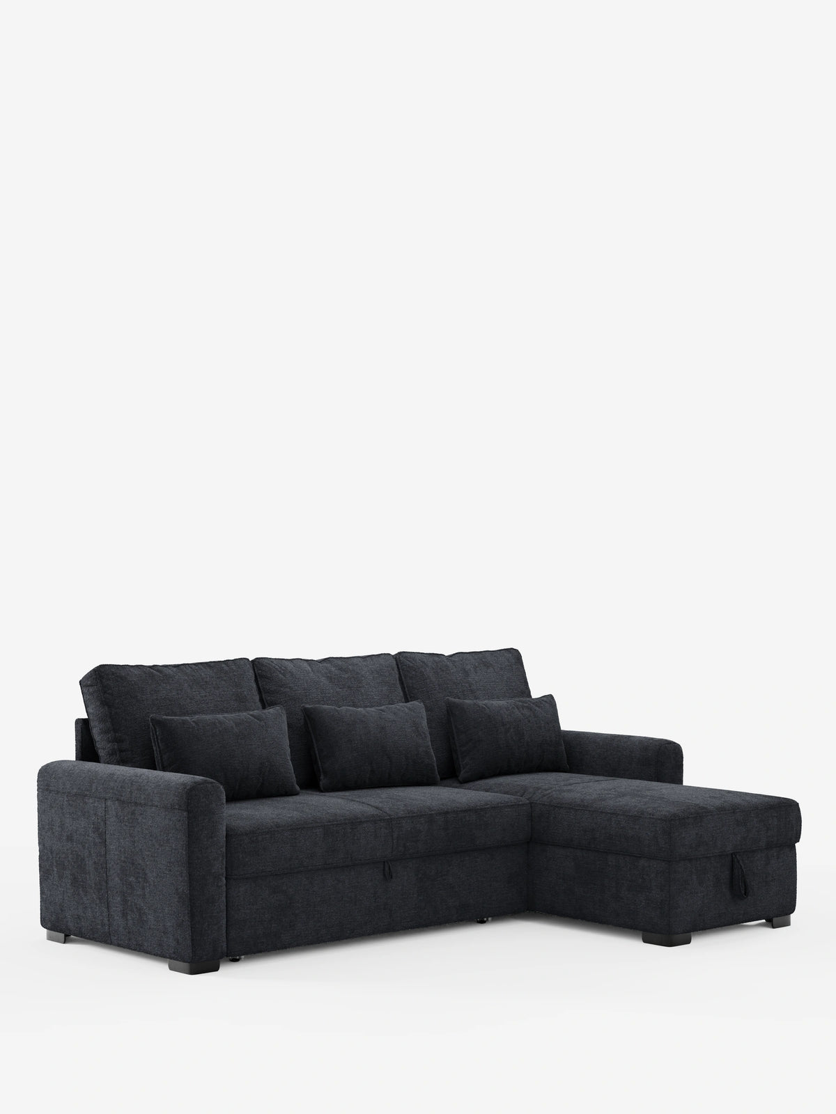 Il divano letto Ottaviano con letto estraibile – penisola reversibile e contenitore in tessuto materico smacchiabile è un divano componibile grigio antracite con chaise longue a destra, tessuto materico, tre cuscini dello schienale, cuscini decorativi e un contenitore con linguetta di estrazione.