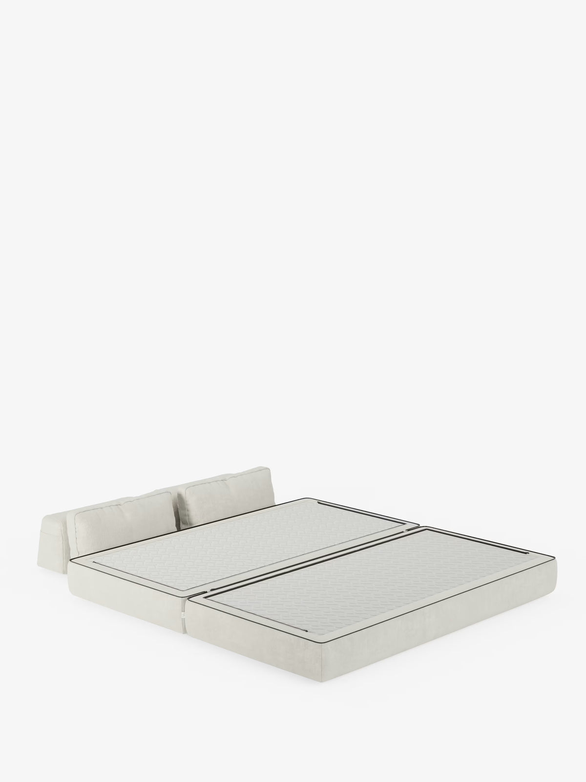 Un divano letto matrimoniale a 2 posti “Rift” in stile minimalista color crema di Divani.Store, caratterizzato da schienali mobili e due cuscini di seduta che, una volta distesi, creano un letto spazioso con un materasso in memory foam alto 24 cm rivestito in tessuto T31 antimacchia, abbinato a due schienali rettangolari, il tutto su uno sfondo bianco a tinta unita.
