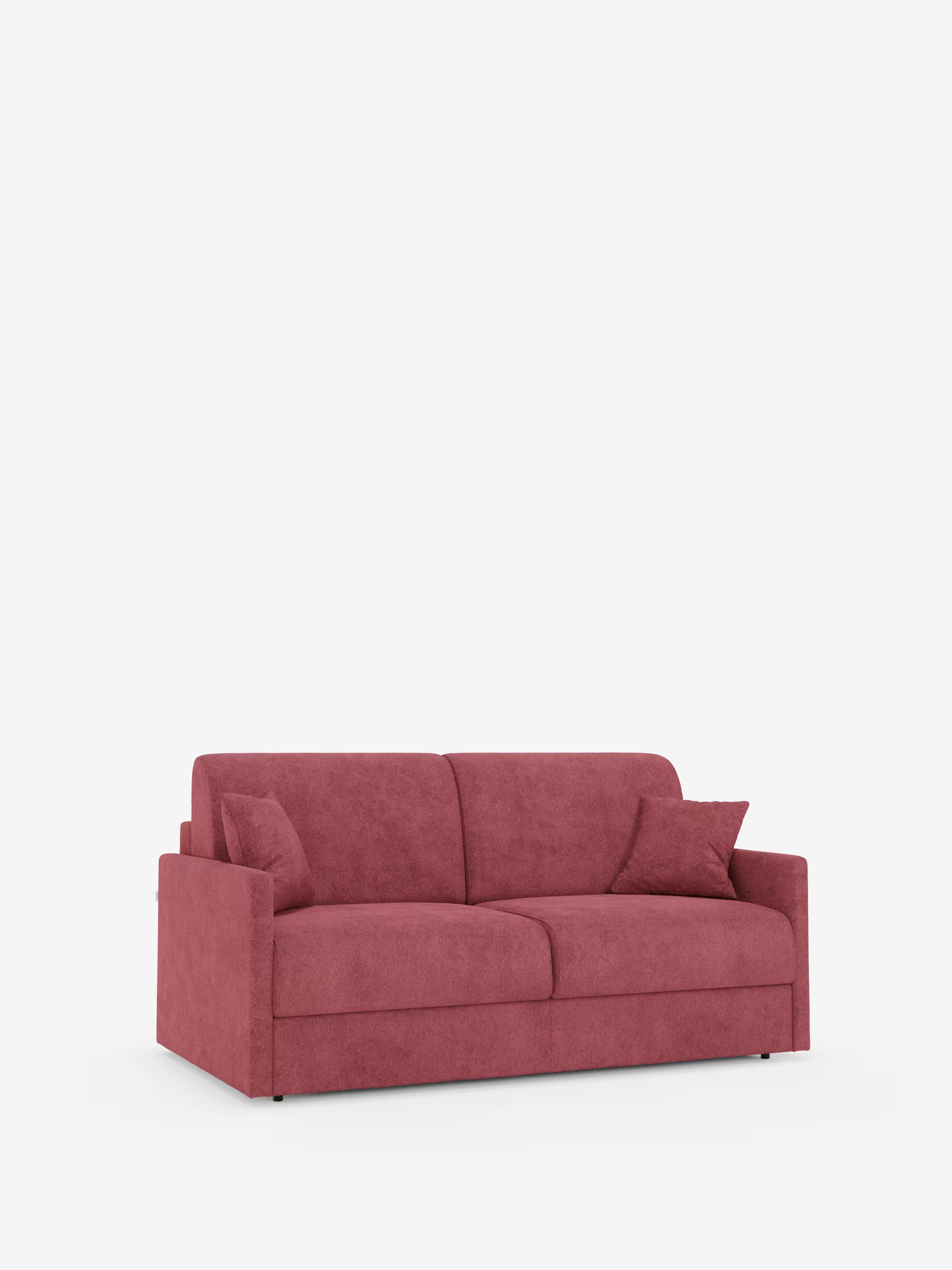 Un divano letto Tommy Divano contemporaneo, nei modelli a 2 e 3 posti matrimoniali, disponibile su Divani.Store, interamente rivestito in tessuto T33 simile al cotone e resistente alle macchie. Questo divano, sfoderabile al 100%, presenta braccioli sottili e dritti, uno schienale basso ed è dotato di due cuscini quadrati coordinati. Gambe discrete e minimaliste completano il look su uno sfondo bianco pulito.