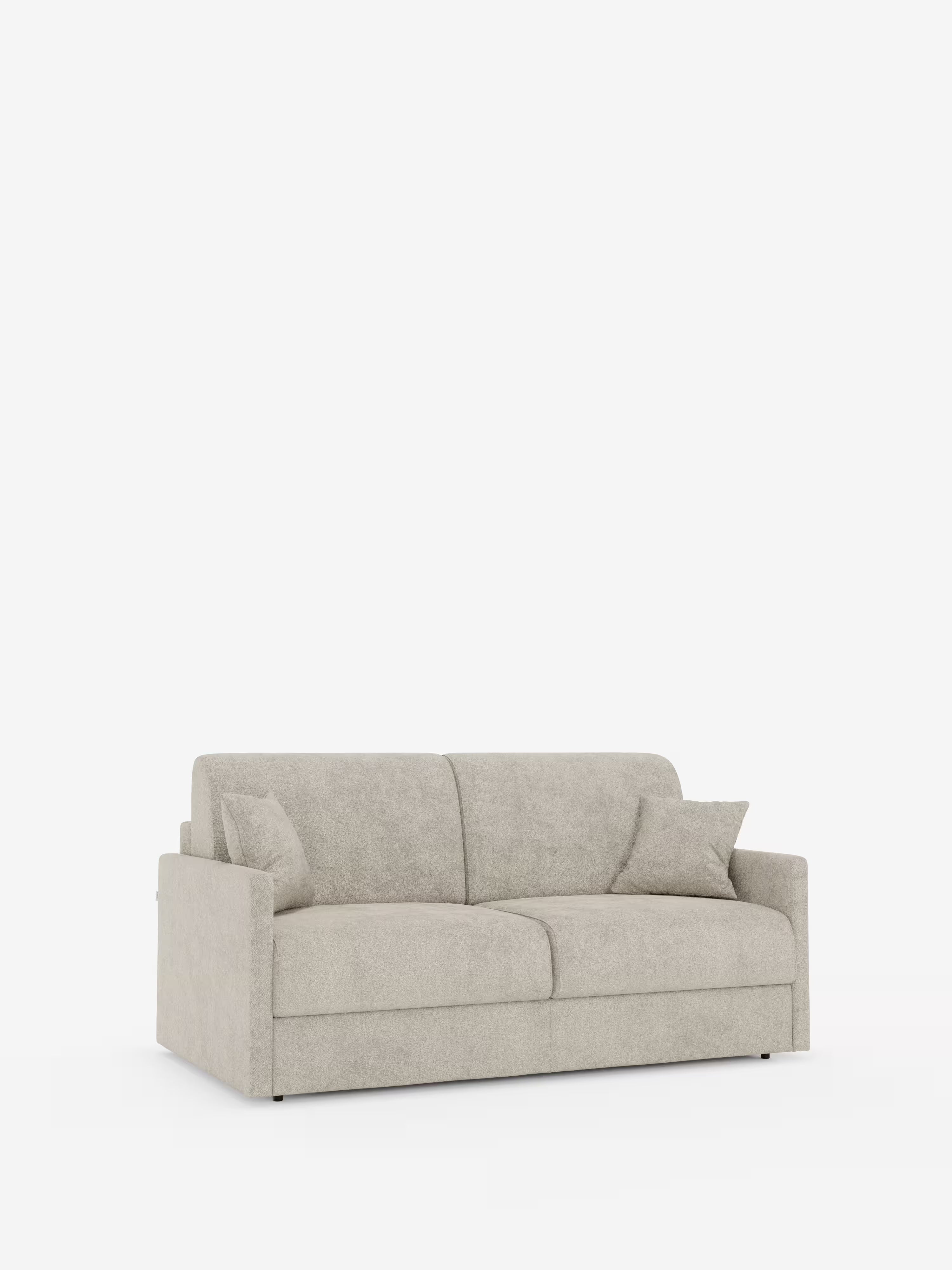Un divano letto Tommy Divano a 2 e 3 posti matrimoniale di Divani.Store, in colore beige chiaro, interamente rivestito in tessuto T33 simile al cotone e resistente alle macchie, con rivestimento sfoderabile al 100%, spicca su uno sfondo bianco a tinta unita. Il divano è dotato di due cuscini di seduta, due cuscini quadrati abbinati per lo schienale e braccioli sottili e dritti che ne esaltano il design moderno, morbido, confortevole e accogliente.