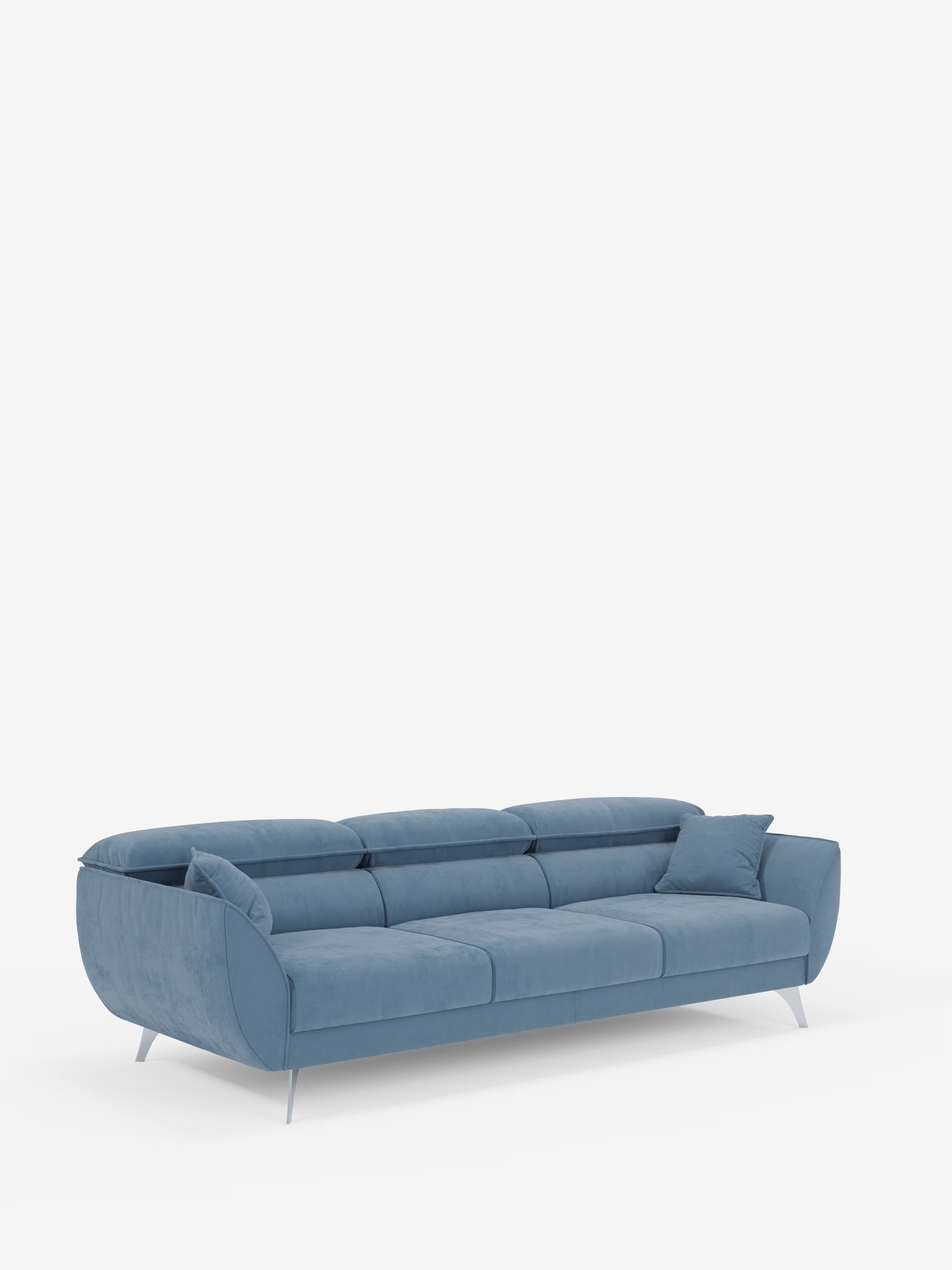 Il divano Michelangelo 4 Posti di Divani.Store è un divano contemporaneo blu dotato di tre sedute estensibili e poggiatesta regolabili, rivestito in un elegante tessuto in velluto T30 resistente alle macchie. Le sottili gambe argentate e i morbidi cuscini ne esaltano il fascino moderno e minimalista, mentre sul lato destro è posizionato un cuscino decorativo blu abbinato. Lo sfondo bianco a tinta unita mette in risalto il design slanciato del divano.