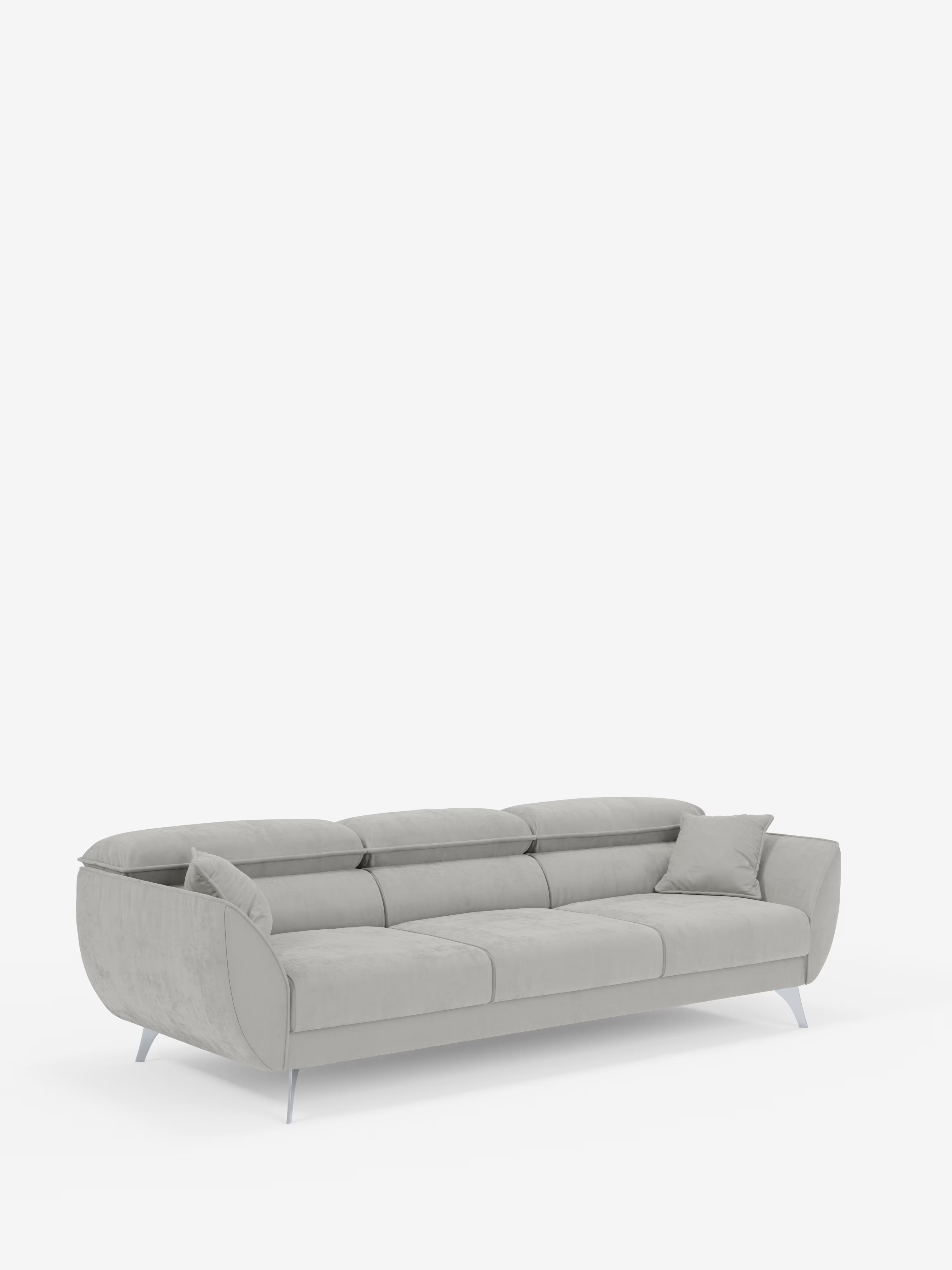 Vi presentiamo il divano Michelangelo 4 Posti di Divani.Store: un divano contemporaneo color grigio chiaro dotato di tre sedute estensibili e poggiatesta reclinabili, elegantemente rivestito in tessuto vellutato T30 facile da pulire. Il design presenta braccioli leggermente ricurvi, sottili gambe in metallo e include un cuscino coordinato posizionato sul lato destro, il tutto su uno sfondo bianco a tinta unita.