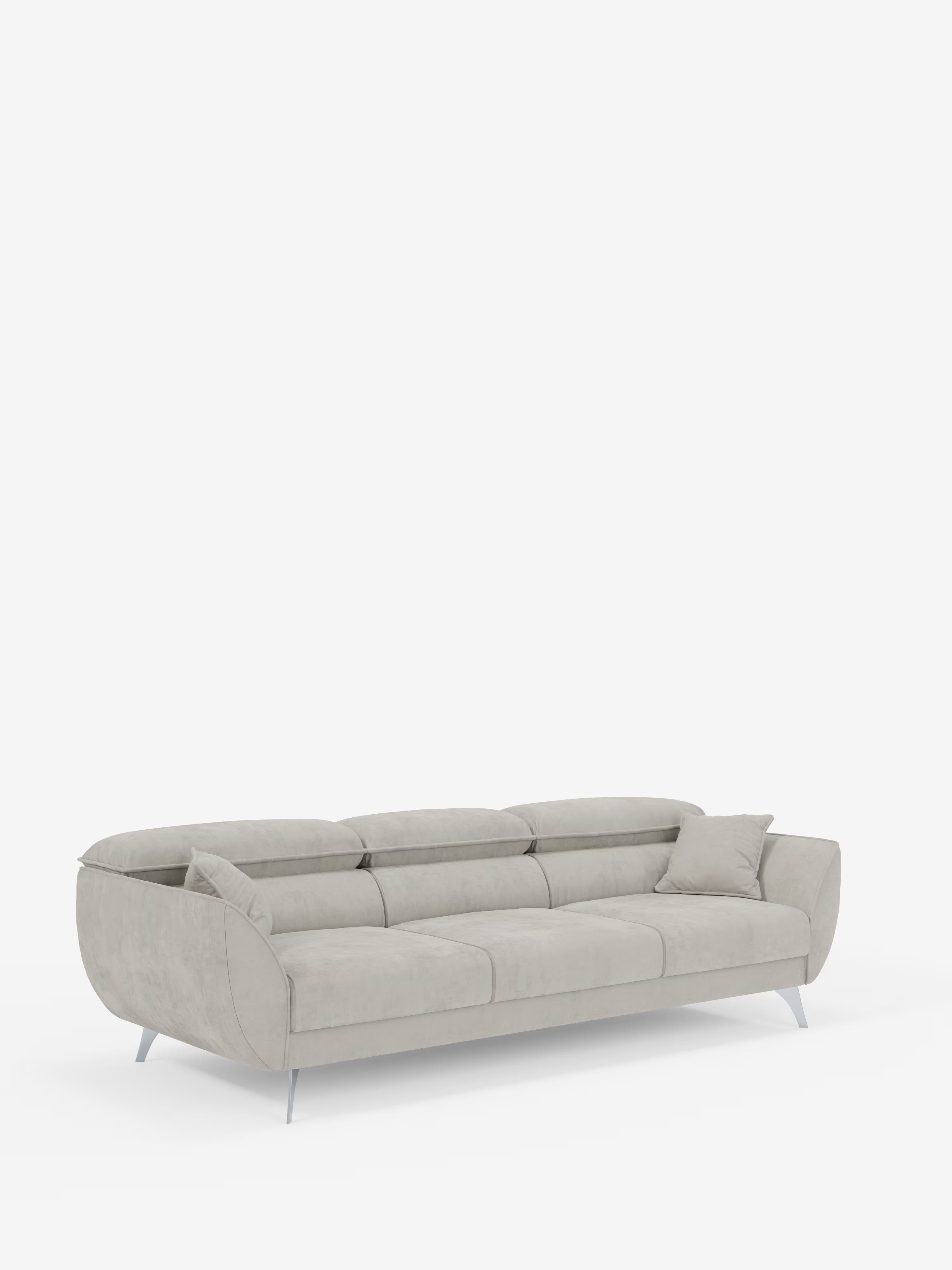 Vi presentiamo il Michelangelo 4 Posti di Divani.Store: un divano contemporaneo color grigio chiaro dotato di tre sedute estensibili e poggiatesta regolabili. Rivestito con un elegante tessuto in velluto T30 resistente alle macchie, questo divano moderno di grande stile presenta uno schienale basso, gambe in metallo inclinate ed è dotato di un cuscino coordinato sul lato destro. Immagine su sfondo bianco.
