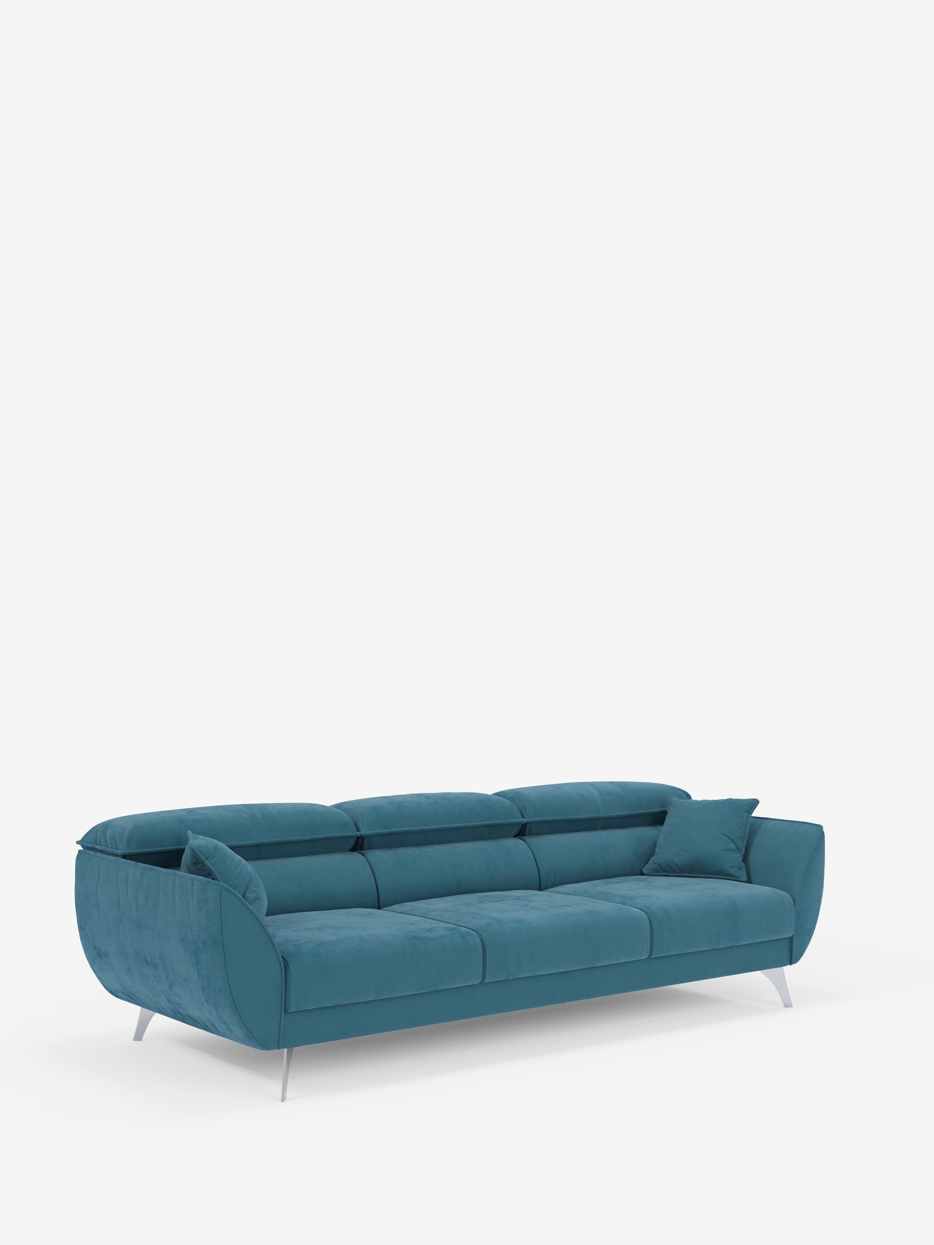 Il divano Michelangelo 4 Posti di Divani.Store è un moderno divano in velluto blu-verde acqua caratterizzato da braccioli ricurvi, tre cuscini di seduta estensibili e sottili gambe argentate. Un cuscino decorativo abbinato è posizionato nell’angolo destro, mentre lo sfondo bianco a tinta unita mette in risalto le linee eleganti e il fascino contemporaneo di questo divano moderno con poggiatesta reclinabili e rivestimento in velluto T30 antimacchia.