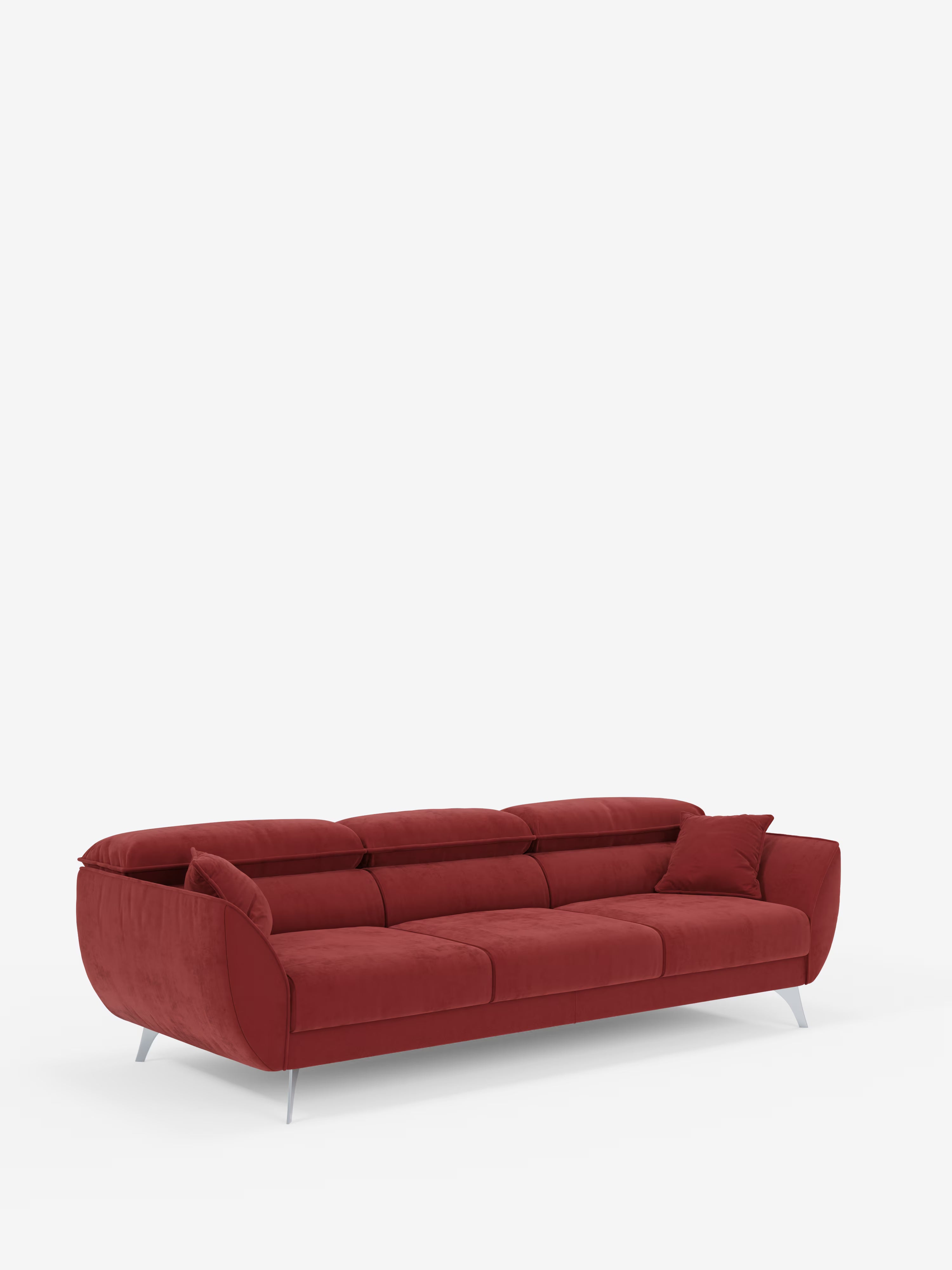 Vi presentiamo il divano Michelangelo 4 Posti di Divani.Store: un divano contemporaneo effetto velluto rosso con tre sedute estensibili e poggiatesta reclinabili, realizzato in elegante tessuto vellutato T30 di facile manutenzione. Caratterizzato da sottili gambe argentate, braccioli leggermente ricurvi e un cuscino decorativo rosso abbinato, questo elegante divano è perfetto per i soggiorni contemporanei ed è qui presentato su uno sfondo bianco a tinta unita.