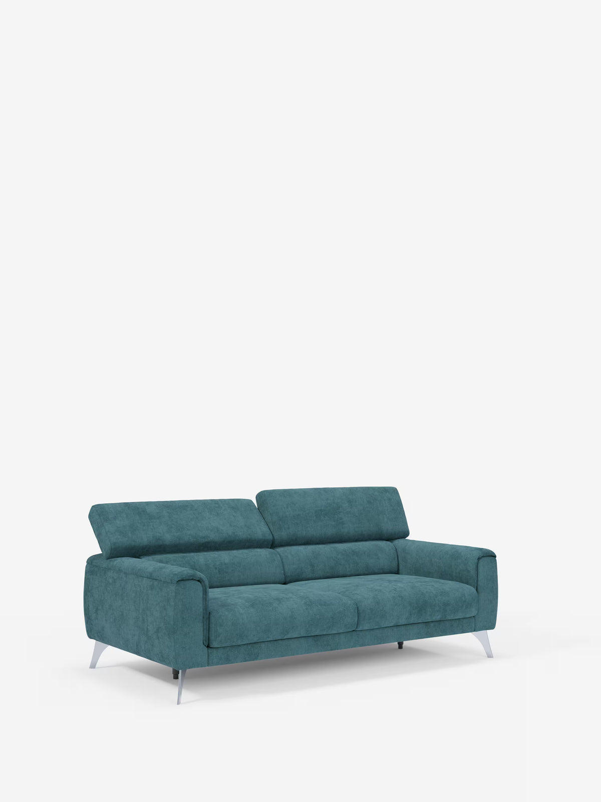 Un divano a 3 posti Caravaggio in stile contemporaneo di Divani.Store, caratterizzato da un elegante tessuto T31 color verde acqua resistente alle macchie, gambe in metallo e poggiatesta regolabili. Su uno sfondo bianco a tinta unita, questo divano a tre posti presenta linee rettangolari pulite, morbidi cuscini e braccioli bassi, offrendo un design minimalista ideale per qualsiasi soggiorno contemporaneo.