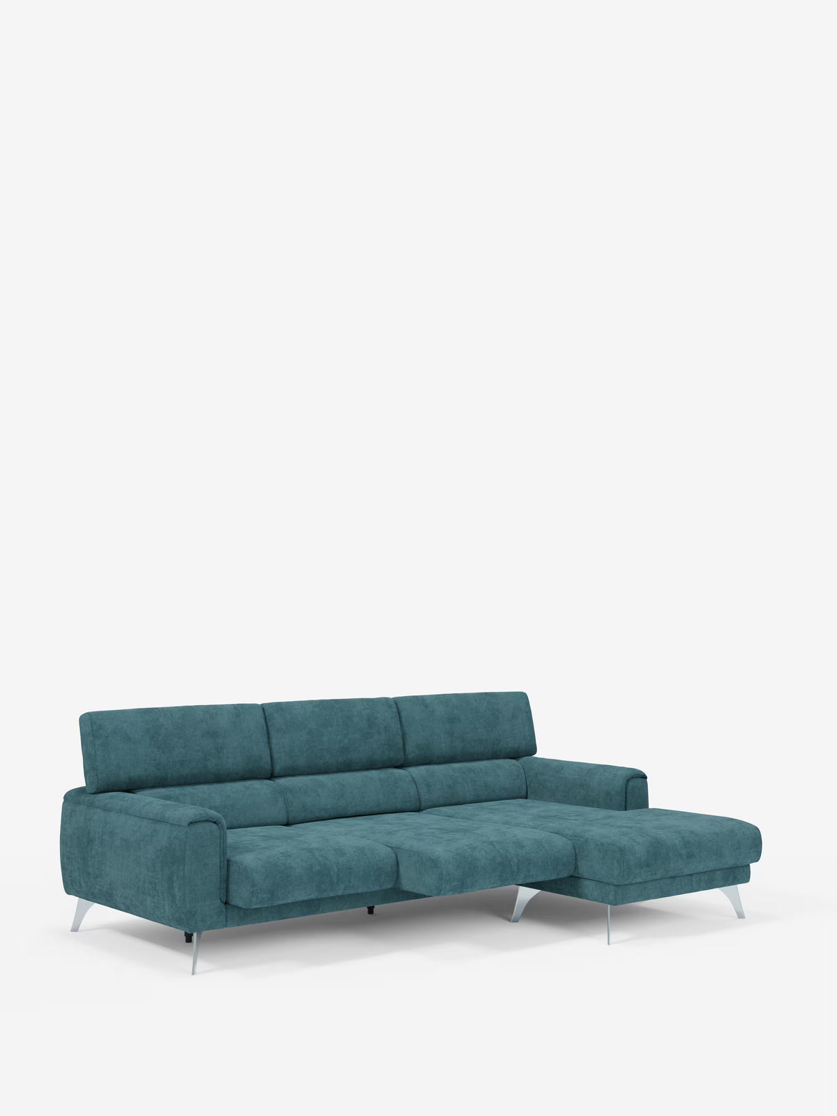 Un divano angolare Caravaggio in stile contemporaneo con penisola e sedute scorrevoli in tessuto smacchiabile T31 di Divani.Store, caratterizzato da rivestimento in tessuto color verde acqua, gambe in metallo e chaise longue sul lato destro, raffigurato su uno sfondo bianco a tinta unita.