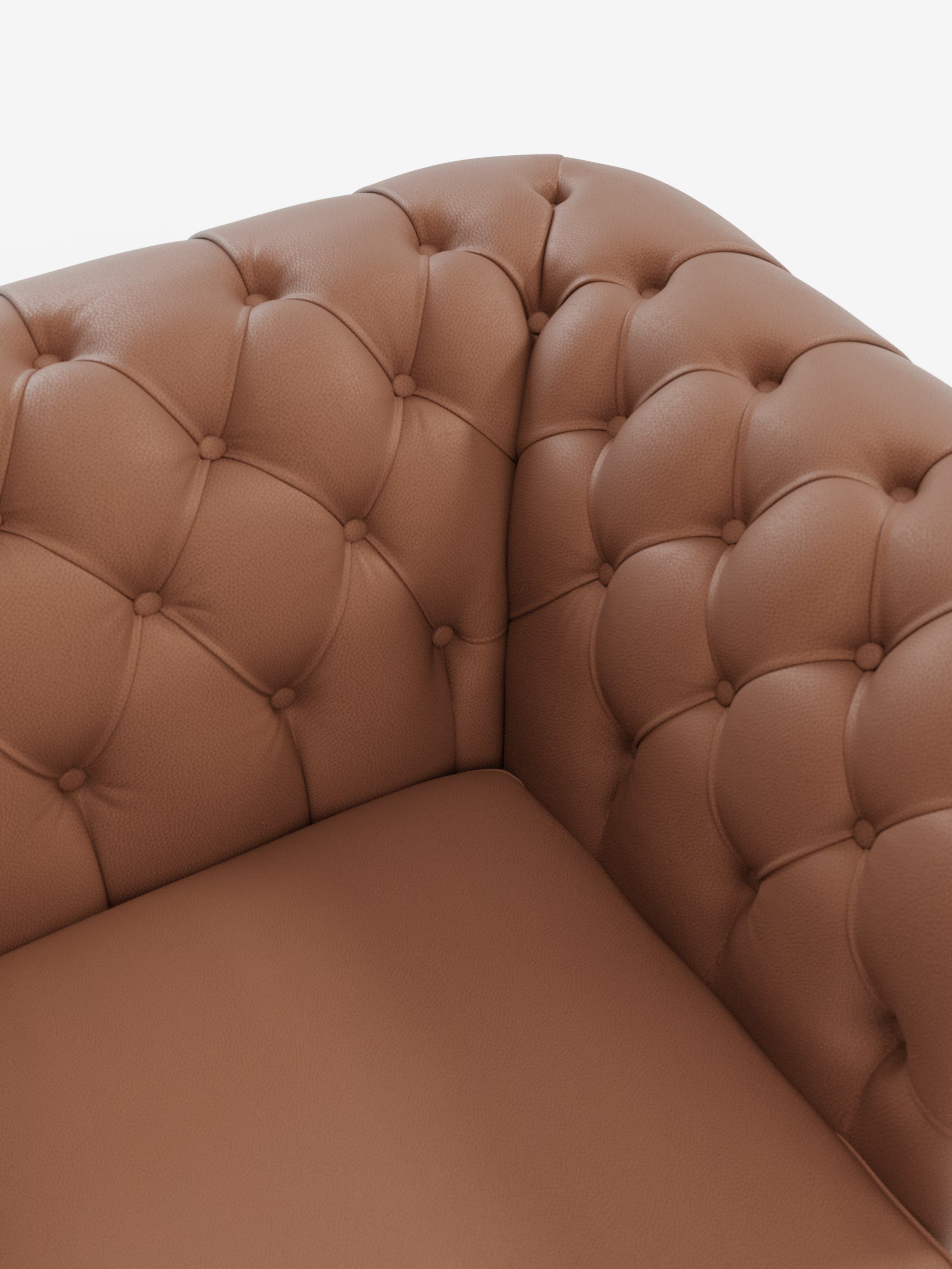 Primo piano dell'angolo del divano Chester 4 Posti 3 sedute in Vera Pelle – Chesterfield Capitonné Artigianale di Divani.Store. La profonda trapuntatura a rombi sullo schienale e sui braccioli mette in risalto la sapiente lavorazione artigianale, cogliendo tutto il fascino intramontabile di un classico divano Chesterfield. Rivestito in vera pelle, il divano presenta una finitura morbida e strutturata che gli conferisce un aspetto lussuoso e accogliente. Il cuscino di seduta rimane liscio e semplice,