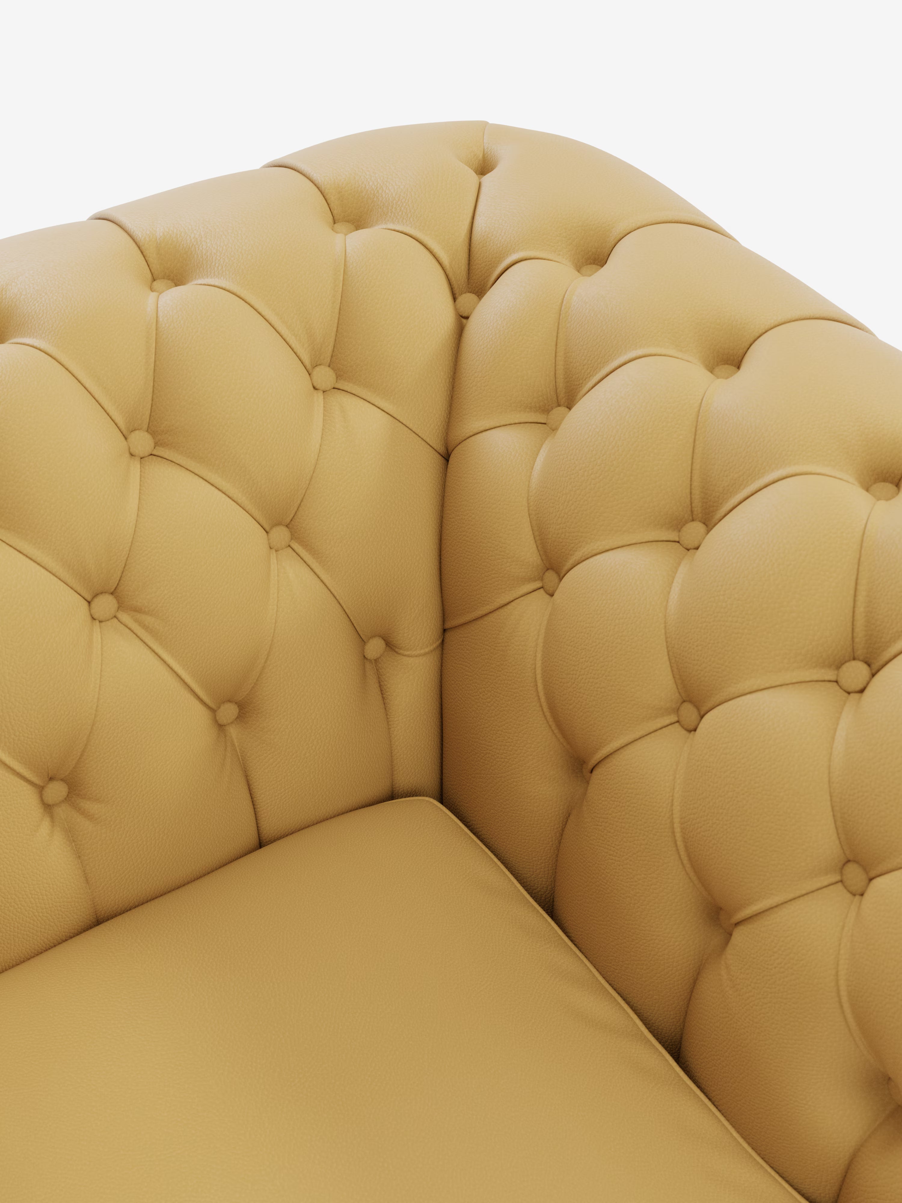 Primo piano di una poltrona Chester in vera pelle spessorata di Divani.Store, con particolare attenzione all'elegante angolo caratterizzato da un intricato capitonné artigianale e da profondi bottoni decorativi. Il rivestimento in vera pelle liscia e strutturata, abbinato a un'imbottitura morbida e a curve sofisticate, esalta lo stile lussuoso e intramontabile ispirato ai classici modelli Chester.