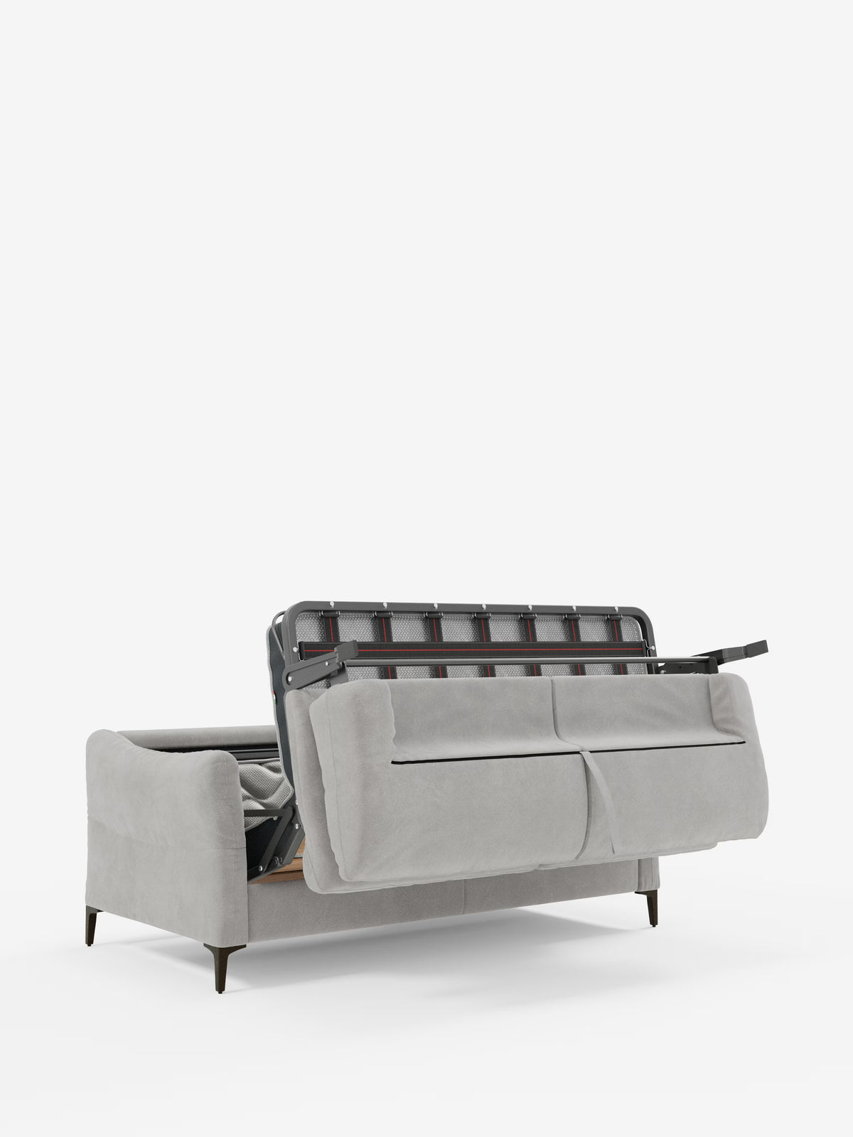 Ecco una versione riscritta utilizzando i dati del tuo prodotto: Il divano letto Dalia a 2, 3 e 4 posti con materasso H18 di Divani.Store è presentato con rivestimento in vellutino smacchiabile T30 grigio chiaro e eleganti gambe in legno. Sollevando lo schienale si scopre il pratico meccanismo letto a scomparsa e un materasso di 18 cm di spessore. Su uno sfondo bianco a tinta unita, questo moderno divano letto trasformabile unisce stile e funzionalità per qualsiasi ambiente contemporaneo.