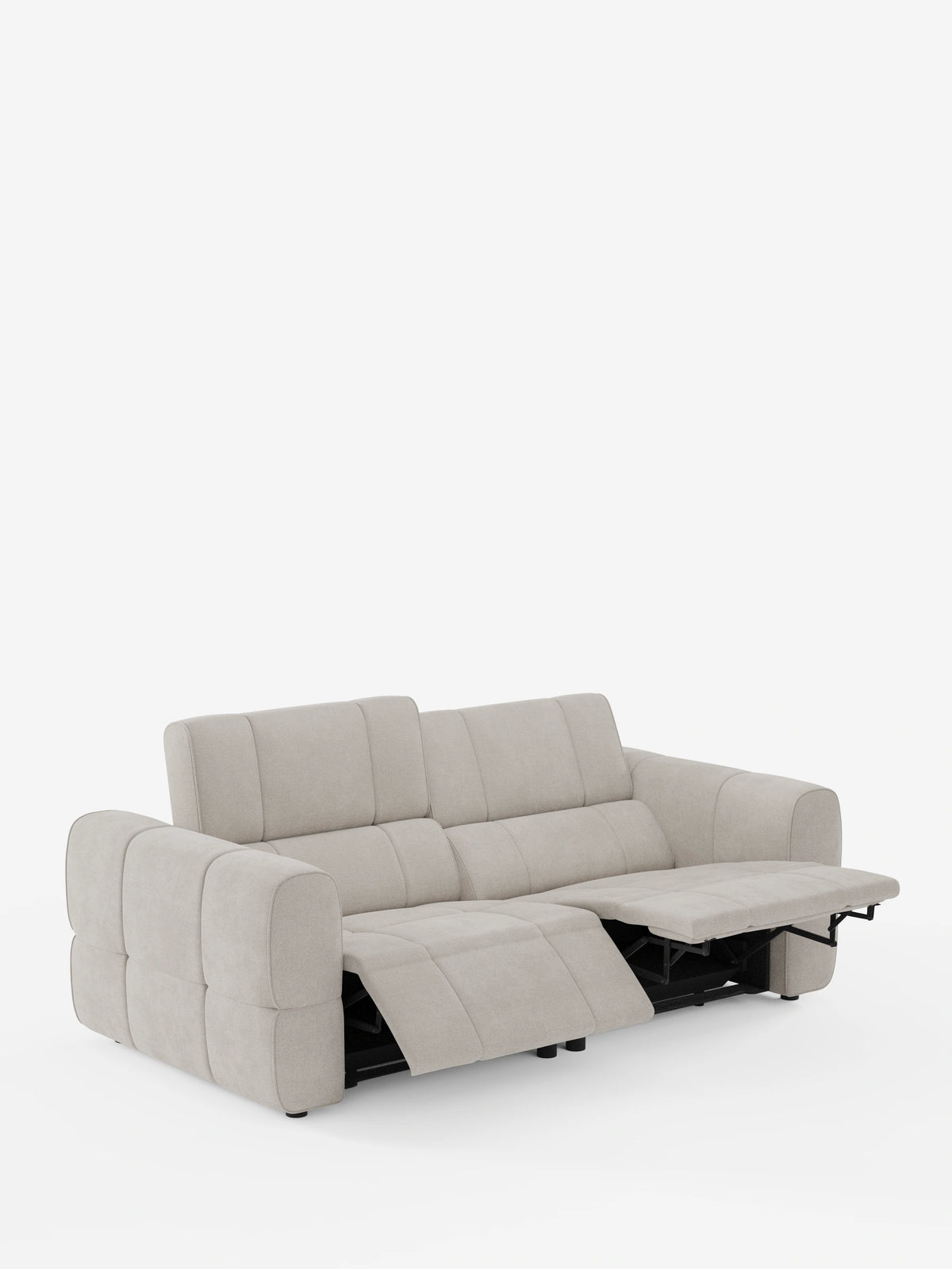 Un divano modulare Giotto beige a 3 posti, con poggiatesta reclinabili e funzione relax elettrica opzionale, rivestito in tessuto smacchiabile T23; il divano presenta cuscini trapuntati, braccioli spessi e una sezione reclinabile con poggiapiedi esteso su uno sfondo bianco.