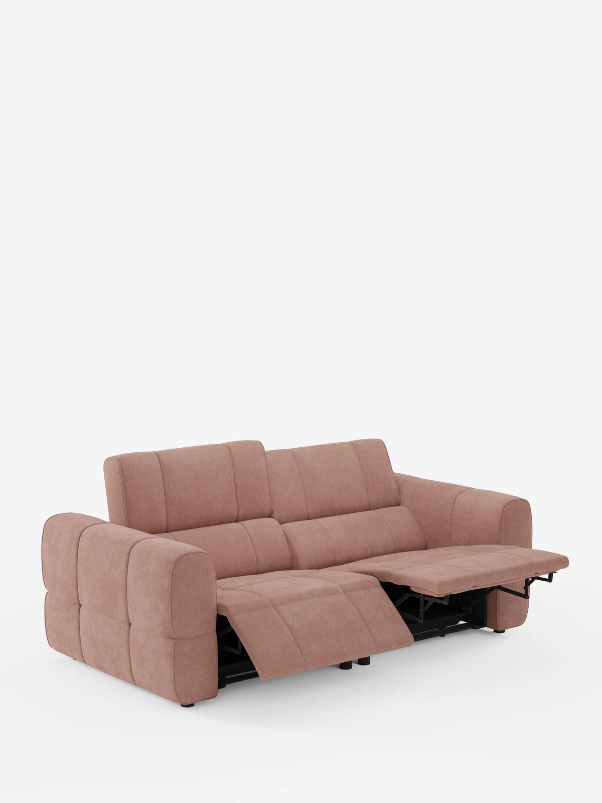 Divano modulare Giotto a 3 posti color rosa antico, con poggiatesta reclinabili e funzione relax elettrica opzionale, rivestito in tessuto smacchiabile T23, caratterizzato da una sezione reclinabile con struttura nera su sfondo bianco.