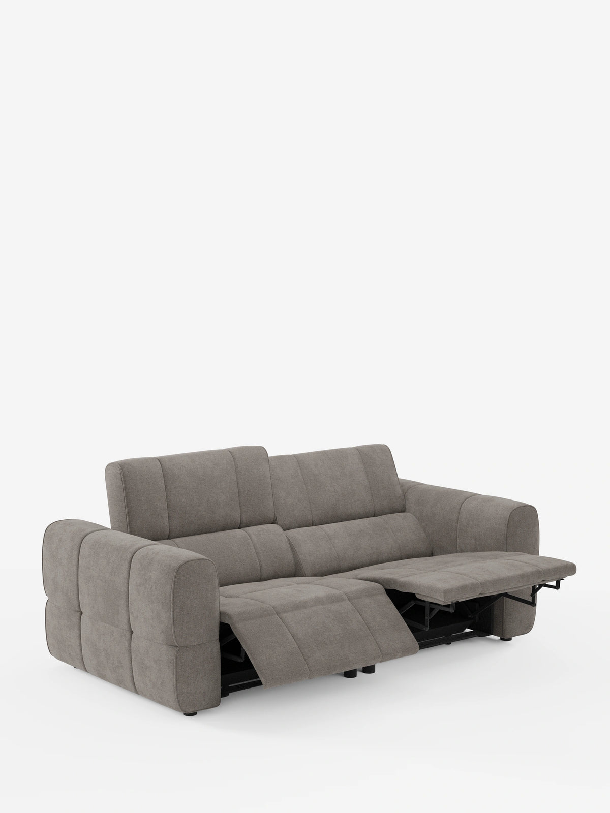 Un divano modulare Giotto a 3 posti, con poggiatesta reclinabili e funzione relax elettrica opzionale, rivestito in tessuto smacchiabile T23, caratterizzato da un tessuto taupe testurizzato con poggiapiedi reclinabile e poggiatesta regolabile su sfondo bianco.
