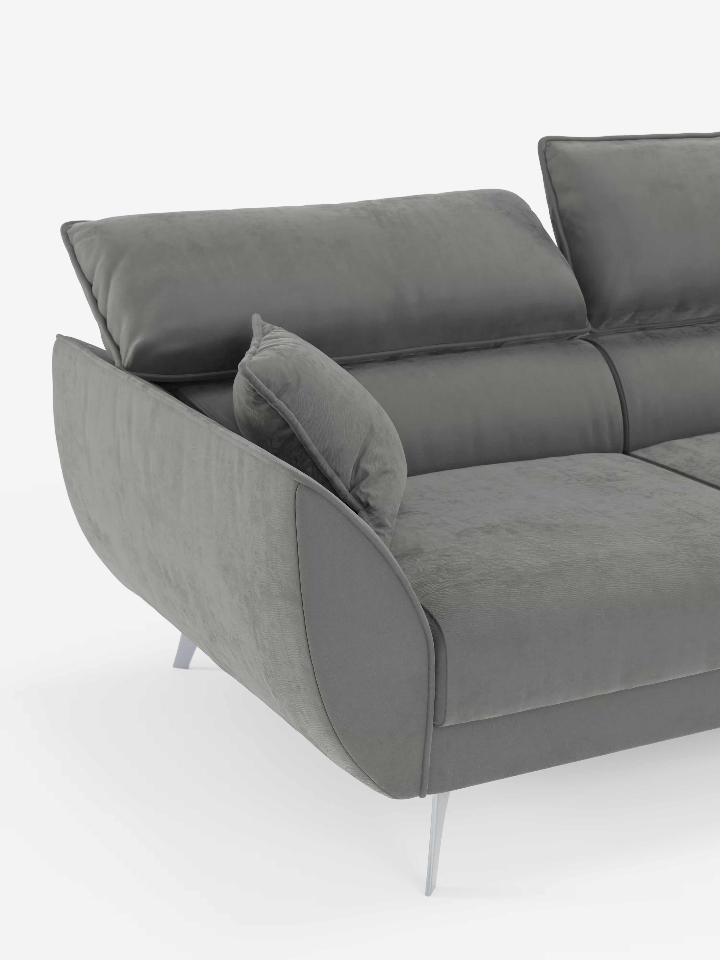 Il divano Michelangelo 4 Posti di Divani.Store è un divano imbottito contemporaneo di colore grigio, dotato di tre sedute estensibili, morbidi cuscini dello schienale, un bracciolo angolato ed eleganti gambe argentate. Il suo design minimalista è impreziosito da un morbido tessuto T30 effetto velluto, facile da pulire, e da poggiatesta reclinabili che garantiscono un comfort ancora maggiore durante il riposo.
