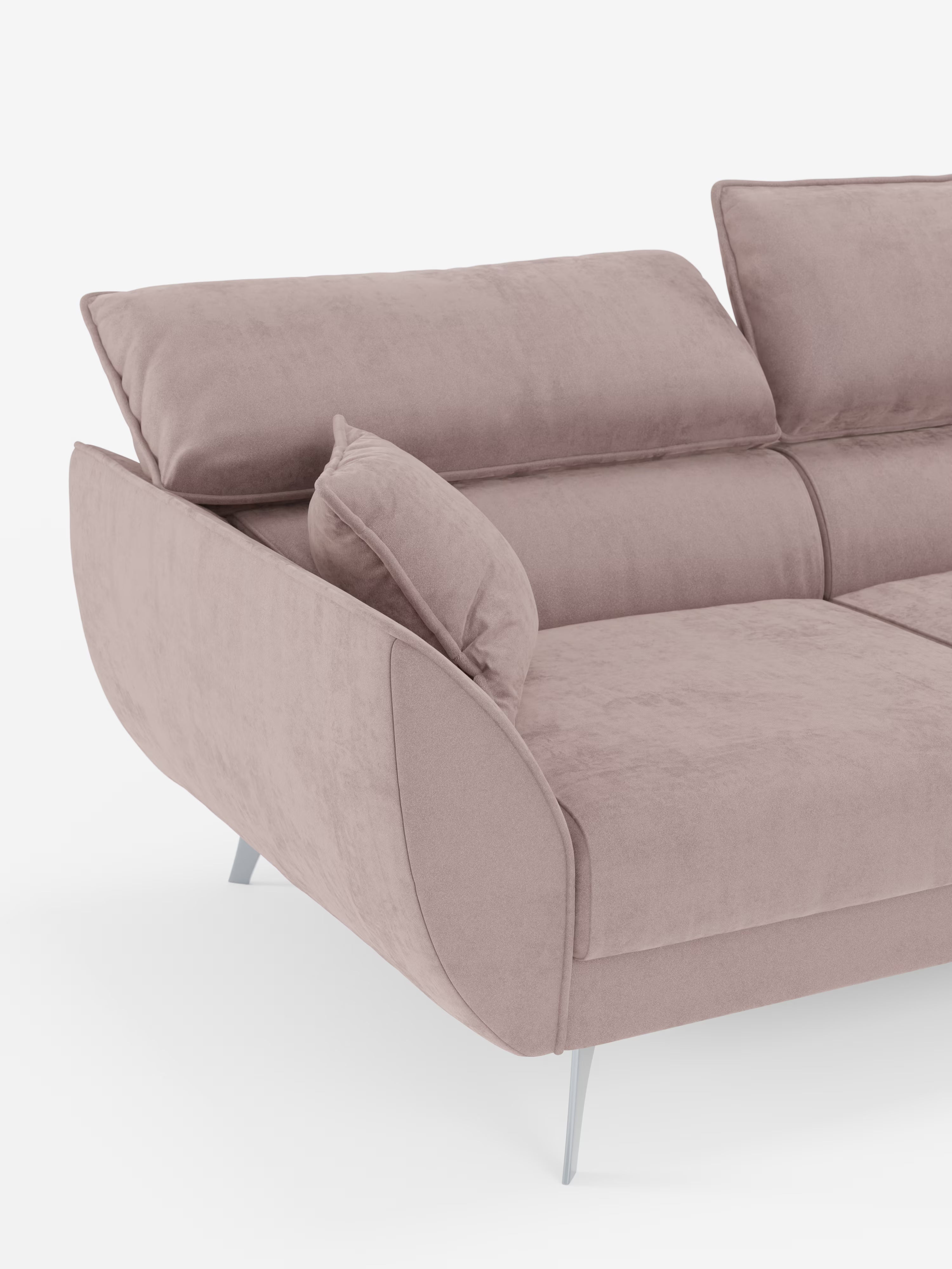 Un divano componibile contemporaneo Michelangelo 4 Posti color malva chiaro di Divani.Store, dotato di 3 sedute estensibili e poggiatesta regolabili, realizzato in elegante tessuto vellutato T30 resistente alle macchie. Il design presenta braccioli angolati, morbidi cuscini dello schienale e laterali e raffinate gambe in metallo argentato, il tutto su uno sfondo bianco. Questo divano moderno combina un rivestimento morbido con linee pulite per un'estetica minimalista e un comfort ottimale.