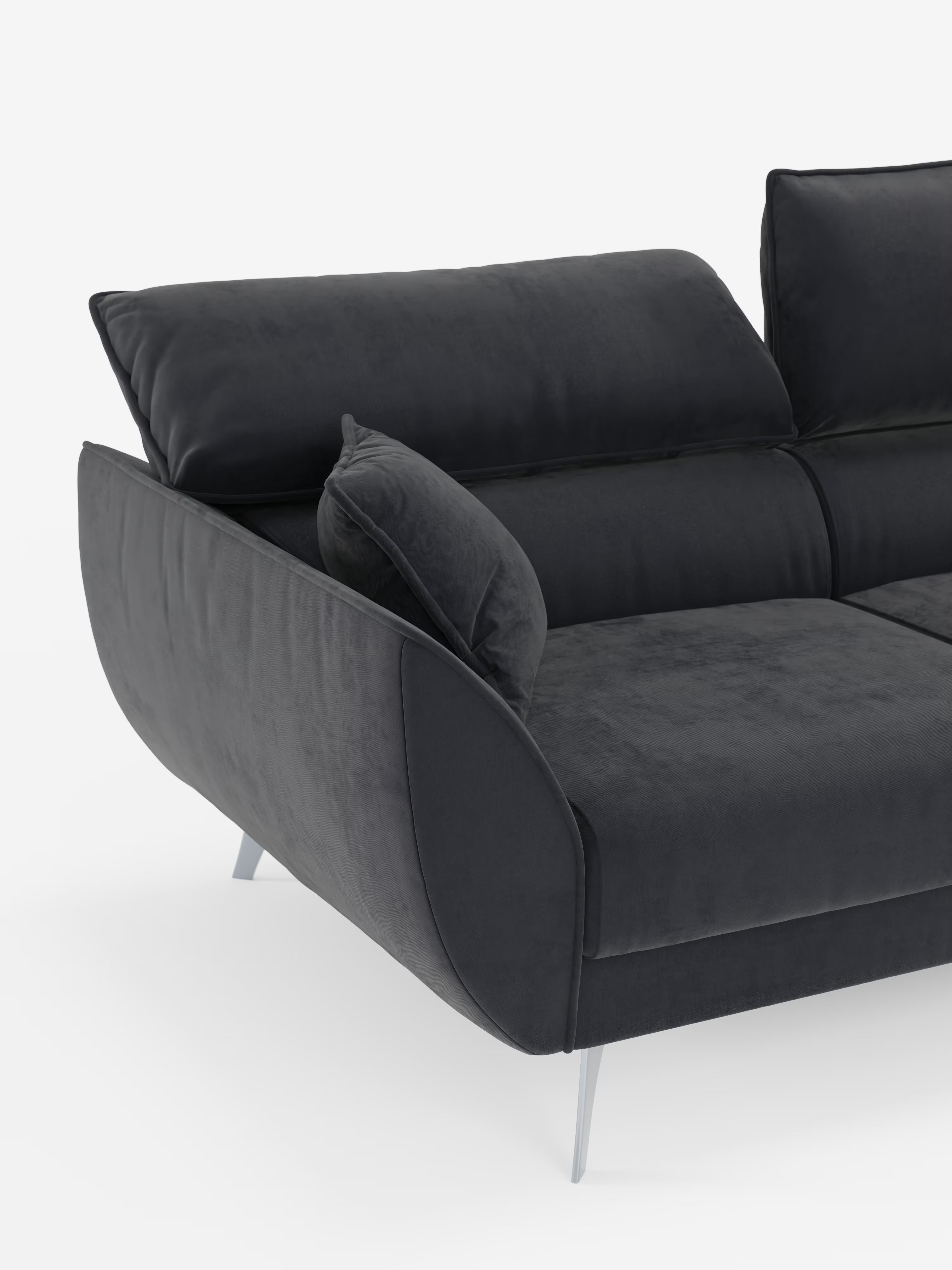 Vi presentiamo il divano Michelangelo a 2 e 3 posti di Divani.Store, un divano contemporaneo in velluto nero caratterizzato da gambe in metallo argentato, braccioli angolati, morbidi cuscini dello schienale e un cuscino laterale aggiuntivo. Questo complemento d’arredo moderno vanta sedute estensibili e poggiatesta regolabili in tessuto T30 facile da pulire, messi in risalto da un semplice sfondo bianco.