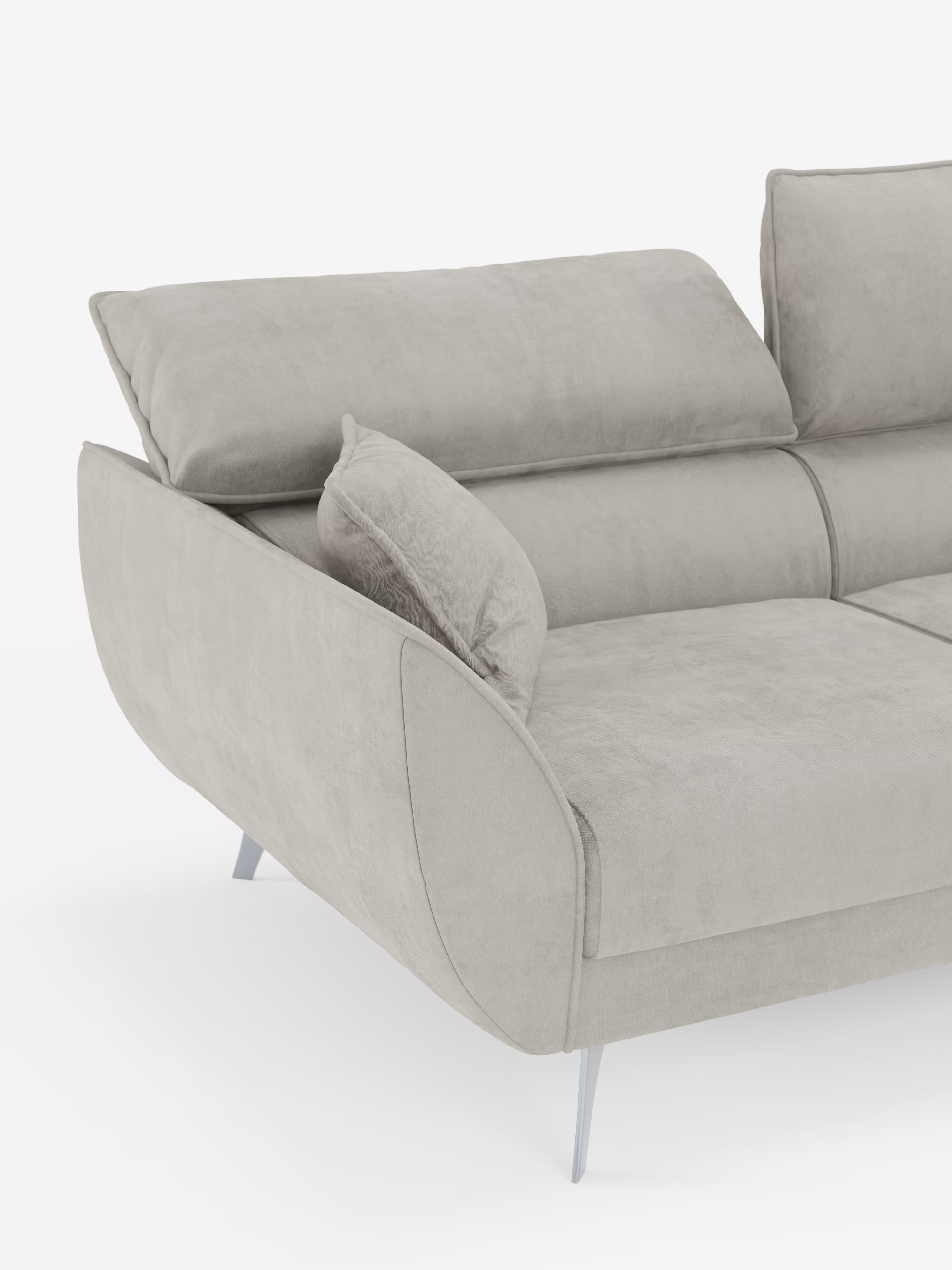 Scopri l'eleganza contemporanea del divano Michelangelo a 2 e 3 posti di Divani.Store, dotato di sedute allungabili e poggiatesta reclinabili, rivestito in tessuto T30 facile da pulire. Questo moderno divano componibile grigio chiaro presenta ampi braccioli imbottiti, un rivestimento morbido e liscio e gambe angolate in metallo che gli conferiscono un look minimalista, perfetto per un soggiorno di stile. Nell’immagine è raffigurata solo una parte del divano.