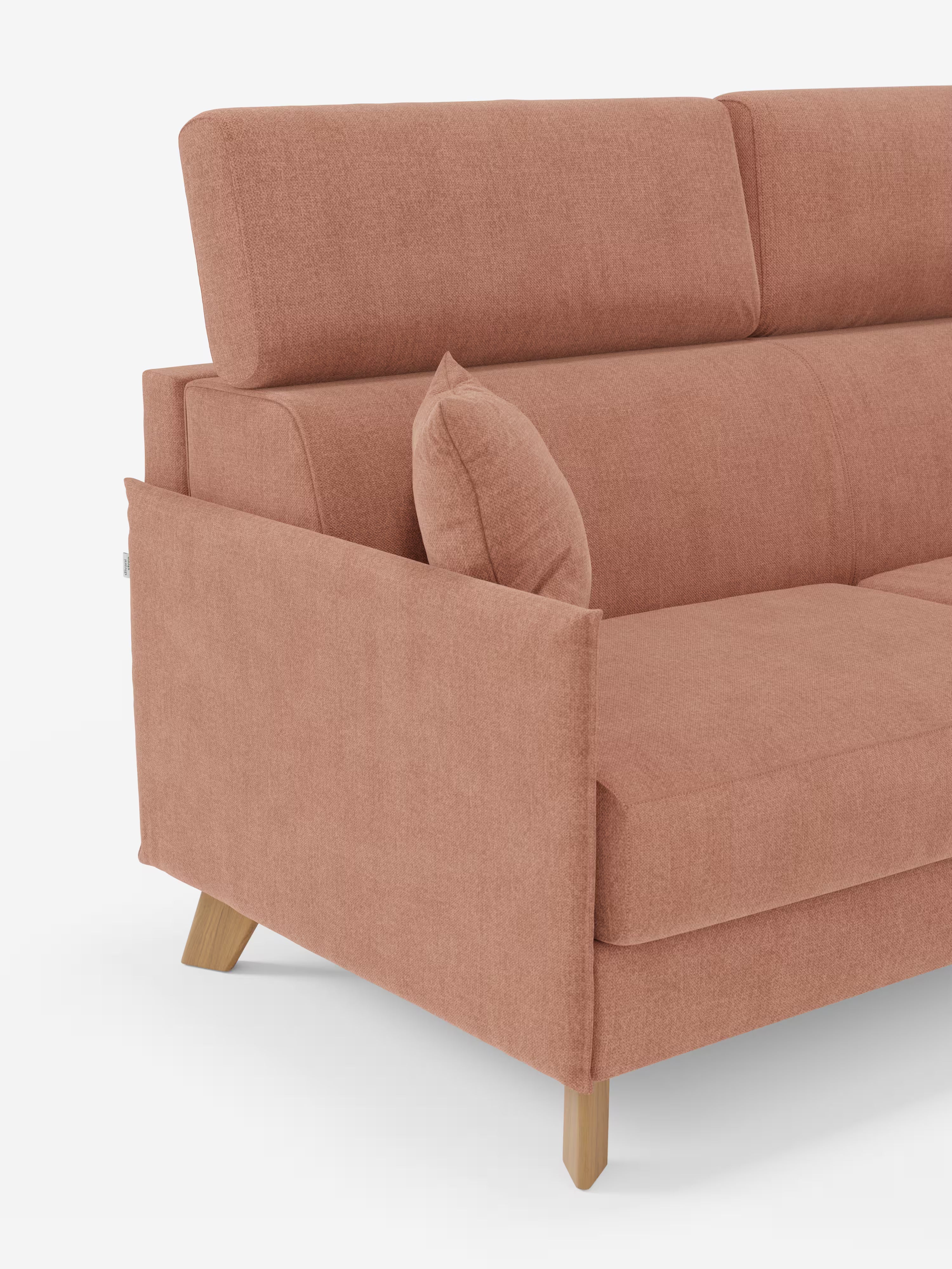 Il divano letto matrimoniale Sole di Divani.Store è un divano moderno in stile scandinavo color rosa tenue, rivestito in tessuto T23 rimovibile al 100% e resistente alle macchie. Poggia su quattro gambe in legno chiaro e include un cuscino abbinato. Il design presenta schienali alti dalle linee pulite e braccioli con poggiatesta regolabili, incarnando un’estetica elegante e minimalista su uno sfondo bianco.