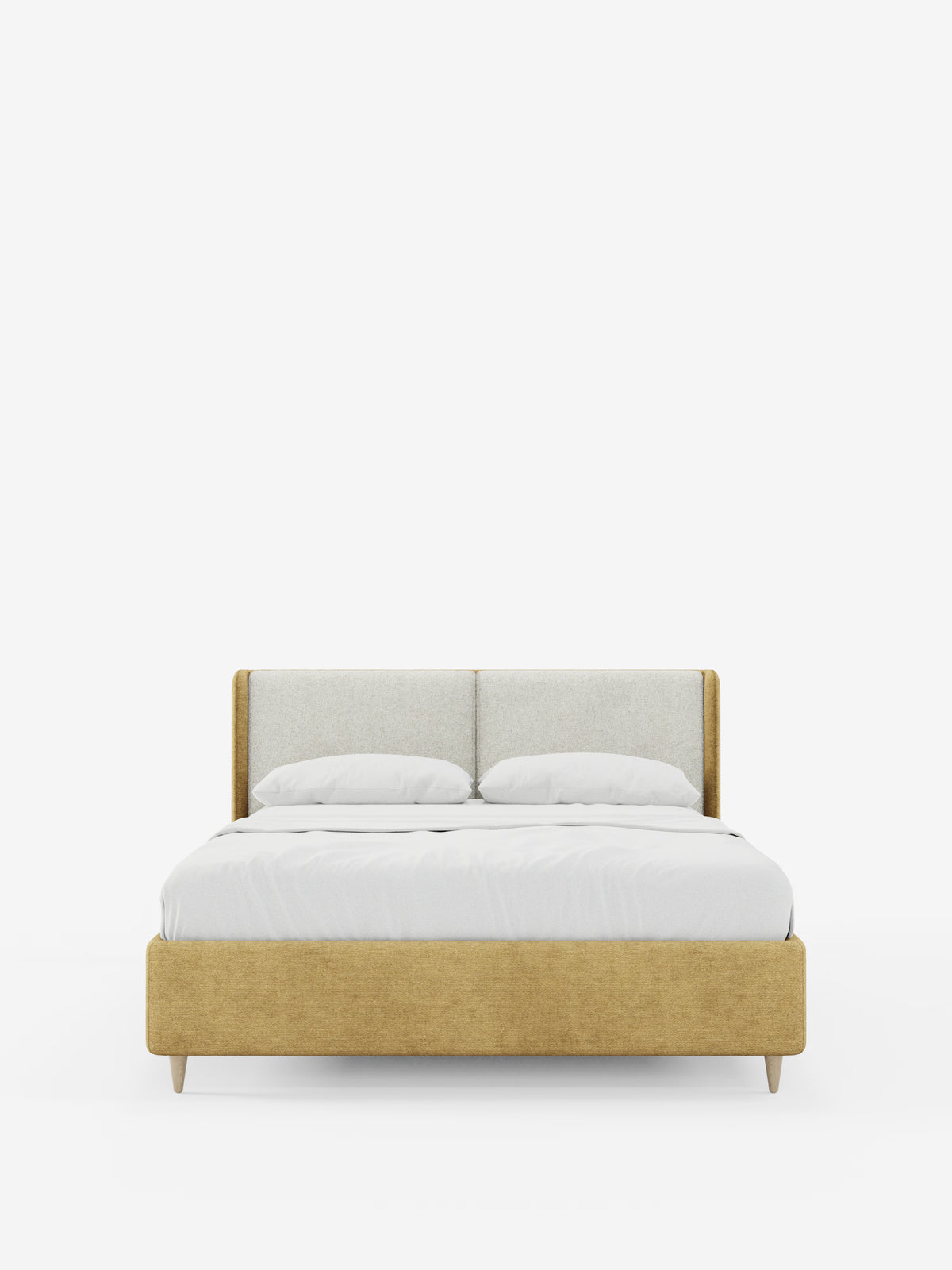 Il letto imbottito bicolore VALKIRIA con contenitore di Letti.store presenta una moderna struttura imbottita color giallo senape, una testiera imbottita leggermente ricurva con cuscini coordinati e due cuscini bianchi. La biancheria da letto bianca a tinta unita è completata da quattro gambe corte e angolate in legno, il tutto su un semplice sfondo bianco.