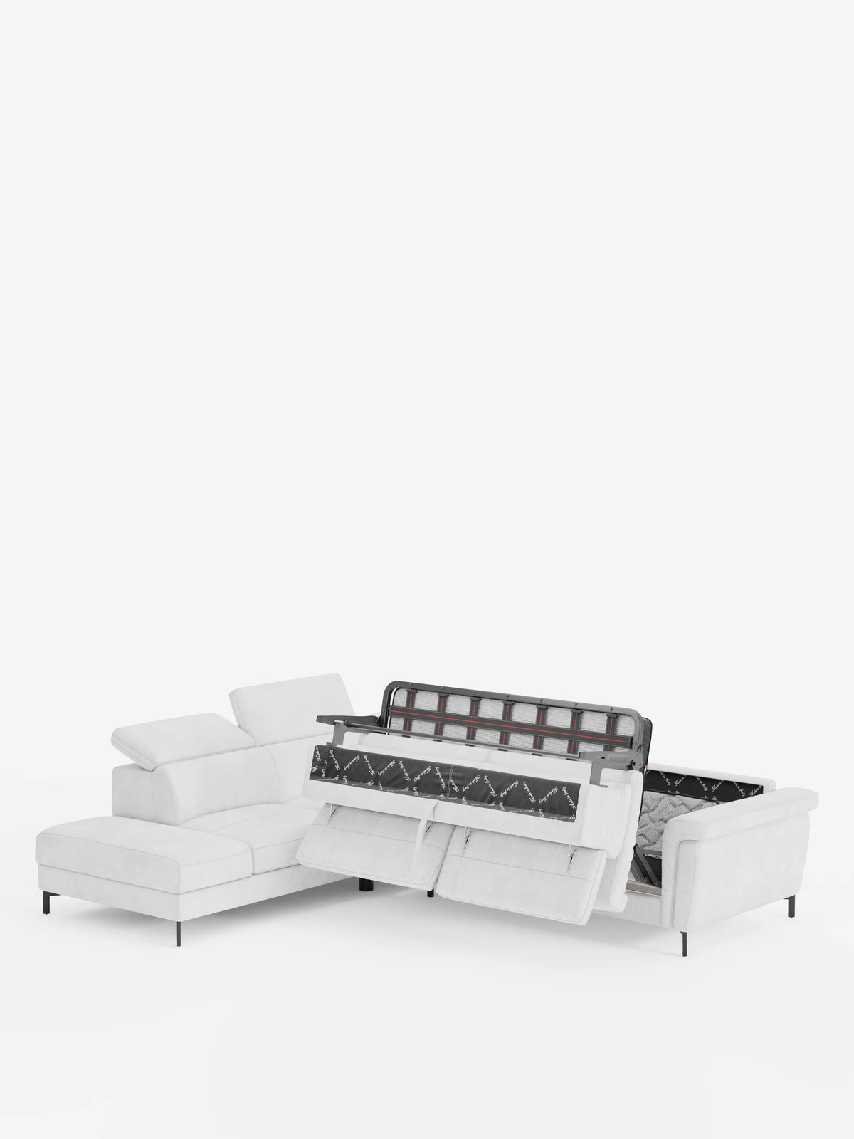 Il divano letto angolare Capri con poggiatesta reclinabili e materasso ad alte prestazioni in tessuto vellutino smacchiabile T30 di Divani.Store è presentato in un elegante colore bianco, esempio di design moderno. La sua forma a L è dotata di poggiatesta regolabili, mentre la sezione destra nasconde un meccanismo a letto estraibile con un materasso ad alte prestazioni, a dimostrazione della sua praticità come divano letto. Il divano è posizionato su uno sfondo bianco a tinta unita.