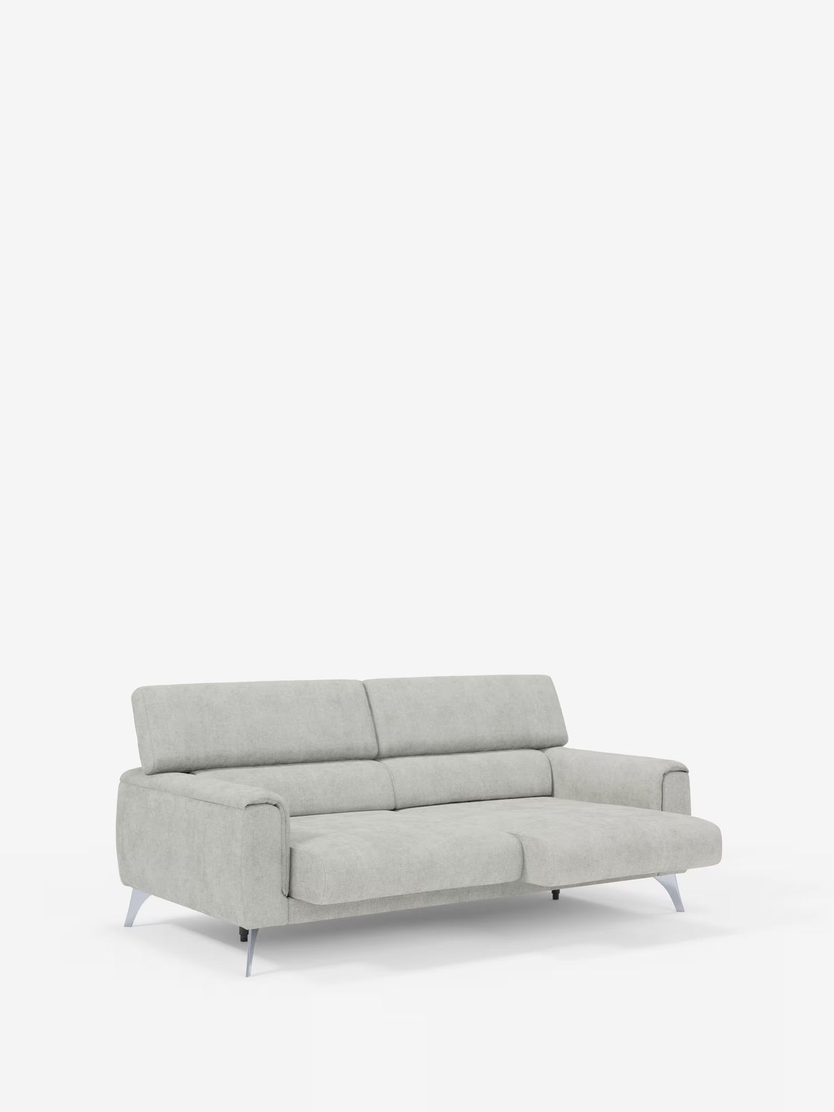 Scopri il comfort contemporaneo con il divano Caravaggio a 2 e 3 posti di Divani.Store, caratterizzato da un tessuto T31 grigio chiaro e antimacchia e da linee pulite. Questo divano moderno presenta gambe in metallo, ampi braccioli, sedute allungabili per un maggiore relax e una chaise longue che si estende verso destra. Il suo design è completato da poggiatesta reclinabili ed è messo in risalto da uno sfondo bianco a tinta unita che ne accentua lo stile elegante.
