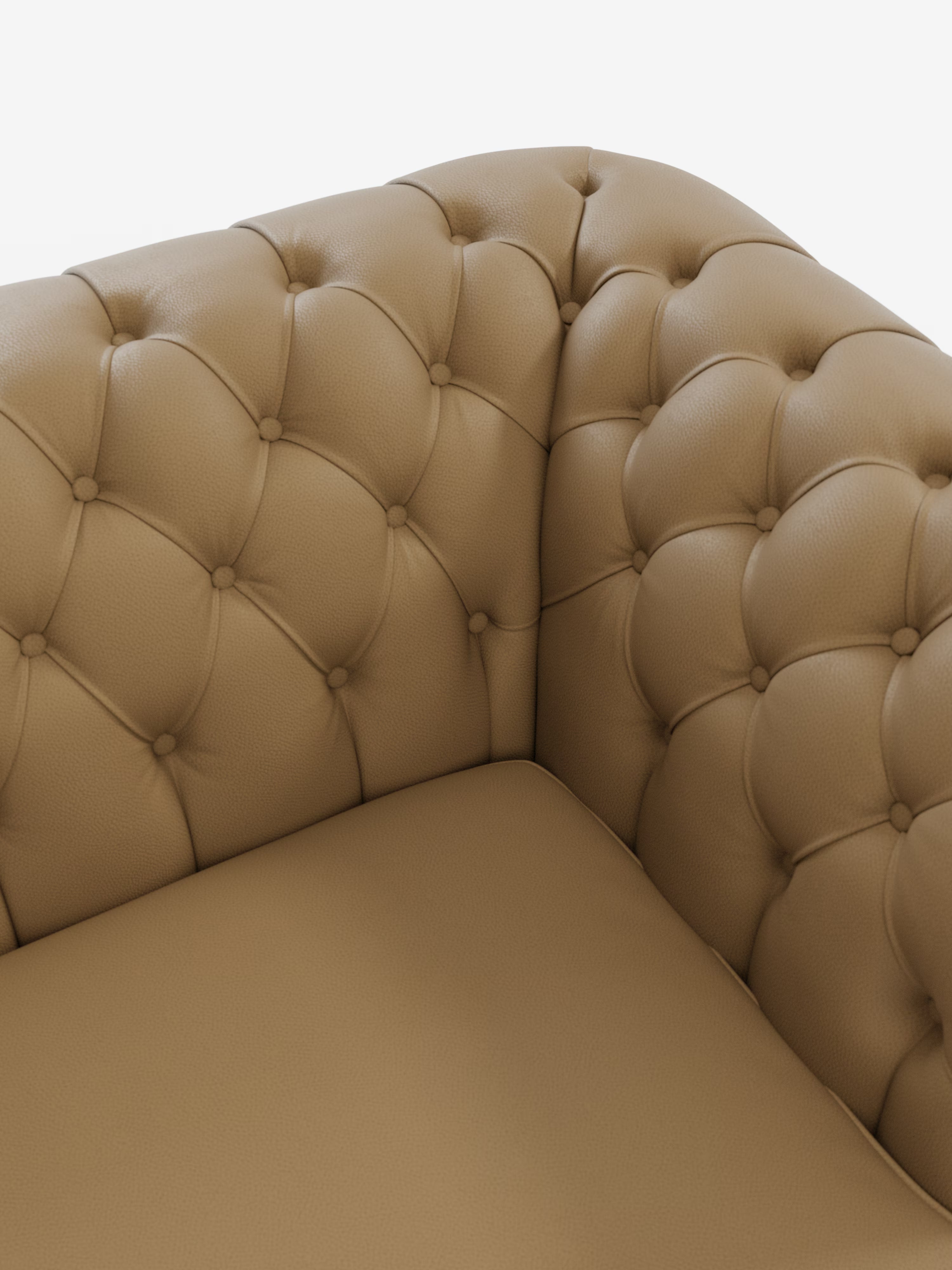Primo piano dell'angolo di un divano Chesterfield color cuoio, trapuntato – Divano Chesterfield in vera pelle spessorata a 2 e 3 posti di Divani.Store, caratterizzato da profondi bottoni e bordi arrotondati. Il rivestimento testurizzato e l'imbottitura morbida risaltano sullo sfondo bianco a tinta unita. Questo elegante divano artigianale Made in Italy dona uno stile intramontabile e un comfort eccezionale a qualsiasi ambiente.
