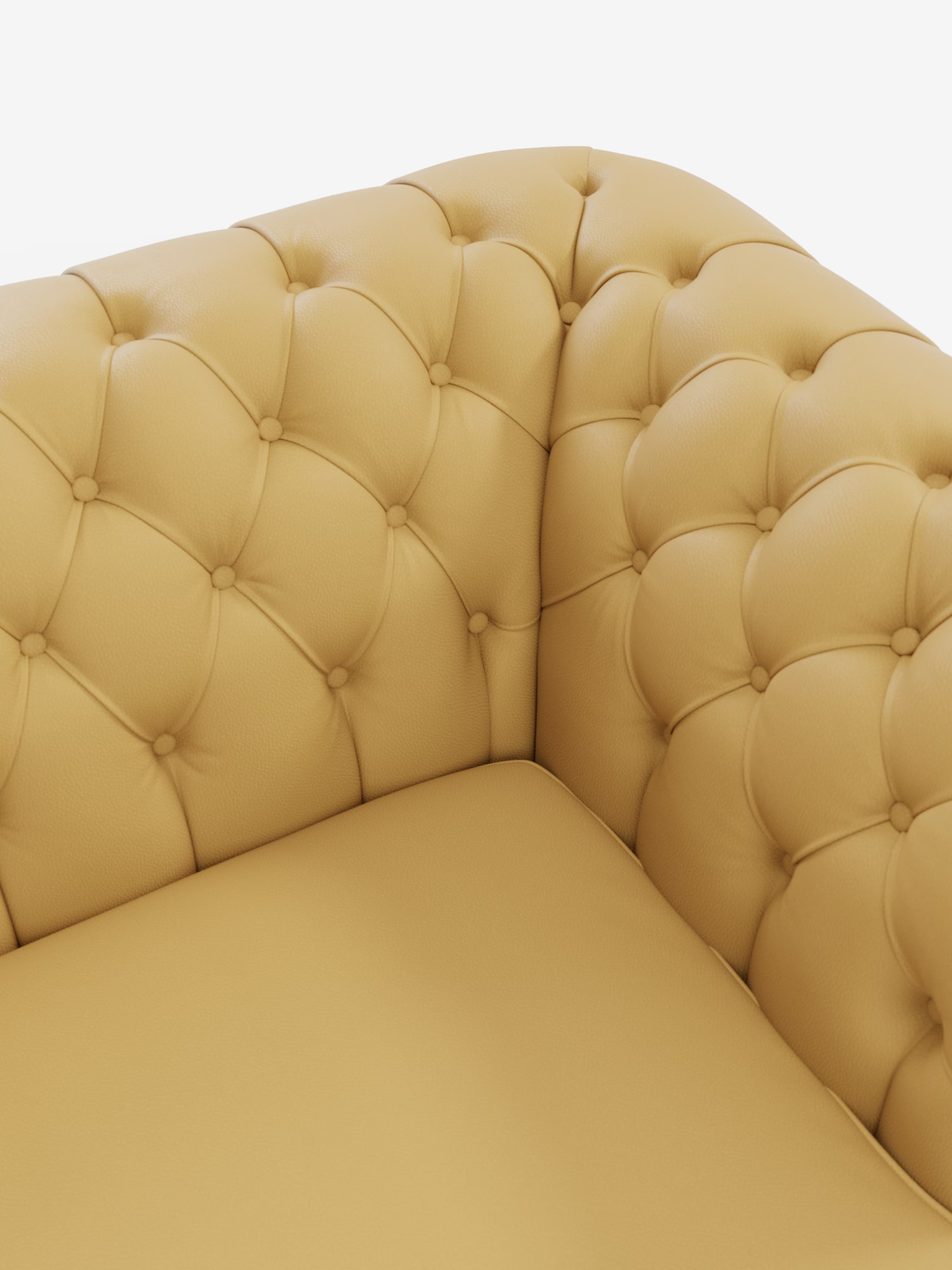 Primo piano di un divano ad angolo in pelle giallo senape con finitura a ciuffetti, caratterizzato da profondi bottoni decorativi sui braccioli e sullo schienale, che ne esaltano il rivestimento liscio e l'imbottitura morbida. Il modello Chester – Divano Chesterfield in vera pelle spessorata a 2 e 3 posti di Divani.Store mette in risalto la texture lussuosa e l'eccezionale maestria artigianale di questo elegante divano artigianale.