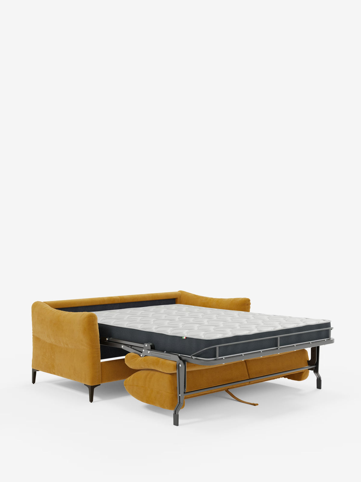 Il divano letto Dalia a 2, 3 e 4 posti di Divani.Store, rivestito in T30, un tessuto moderno simile al velluto e resistente alle macchie, nei toni del giallo senape, presenta eleganti braccioli ricurvi. Qui raffigurato con la sua struttura metallica estraibile completamente aperta, che mette in risalto il materasso H18 su uno sfondo bianco a tinta unita, l’immagine evidenzia sia il design contemporaneo del divano sia la sua praticità.