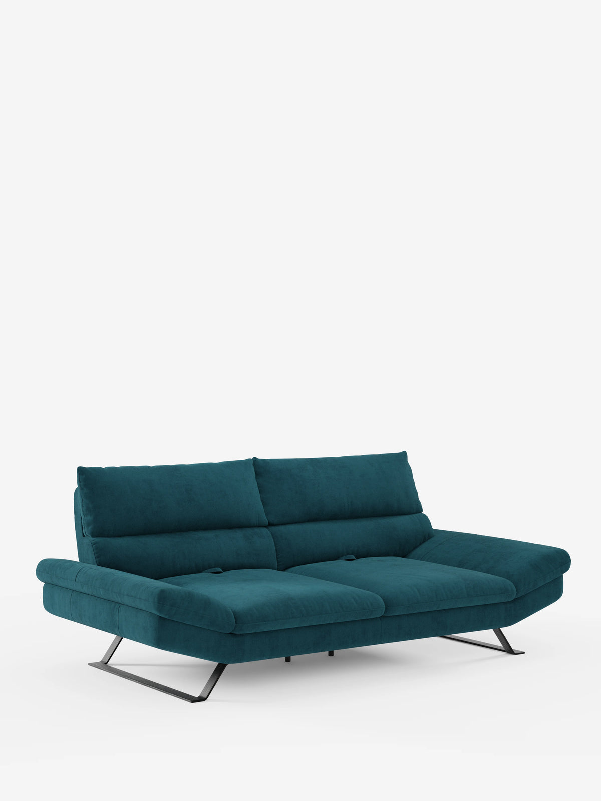 Vi presentiamo il divano Eclipse dal design moderno di Divani.Store, un divano contemporaneo in velluto color verde acqua disponibile nelle versioni a 2 e 3 posti, caratterizzato da ampie sedute imbottite, gambe metalliche alte e angolate e schienali bassi traslanti. L'elegante rivestimento in microfibra T11, facile da pulire, risalta sullo sfondo bianco a tinta unita, mettendo in risalto il suo design slanciato e contemporaneo.