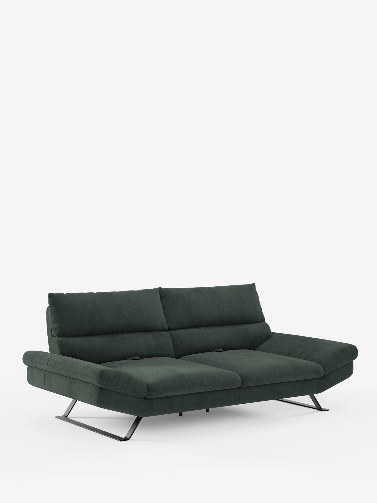 Un divano Eclipse contemporaneo di Divani.Store, con un’elegante finitura in microfibra T11 resistente alle macchie, caratterizzato da schienali regolabili, un profilo basso e moderno, ampi cuscini di seduta e gambe in metallo nero ad angolo accentuato. Questo divano dal design moderno è ideale per gli spazi contemporanei, poiché unisce un minimalismo raffinato a un comfort regolabile. Immagine riproposta su uno sfondo bianco a tinta unita.
