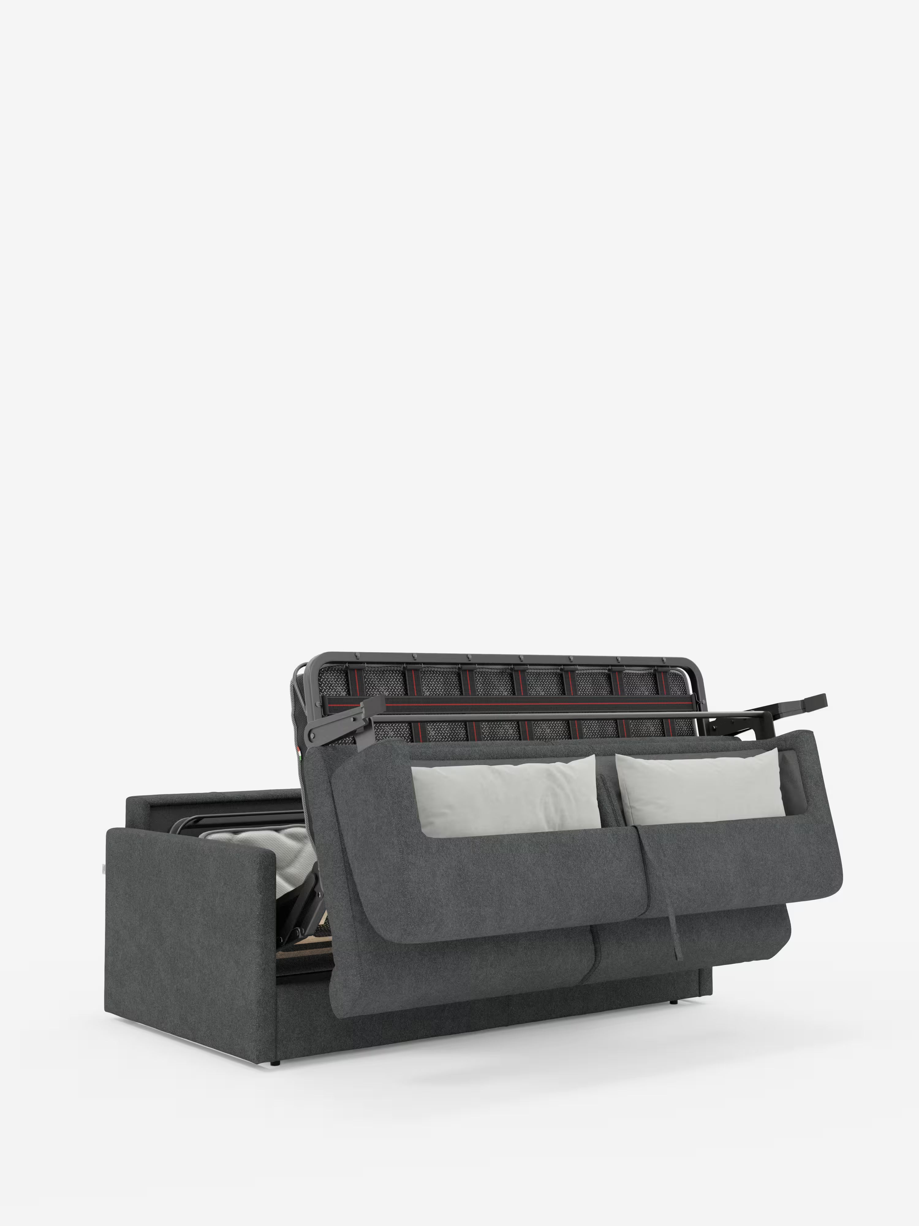 Un moderno divano letto Tommy a 2 e 3 posti matrimoniale di colore grigio scuro, disponibile su Divani.Store, caratterizzato da cuscini grigio chiaro e rivestito in tessuto T33 simile al cotone, completamente sfoderabile e resistente alle macchie, è parzialmente aperto per mostrare il meccanismo della struttura metallica del letto e il materasso. Posizionato su uno sfondo bianco a tinta unita, questo divano letto moderno mette in risalto il suo design elegante e la sua straordinaria funzionalità.
