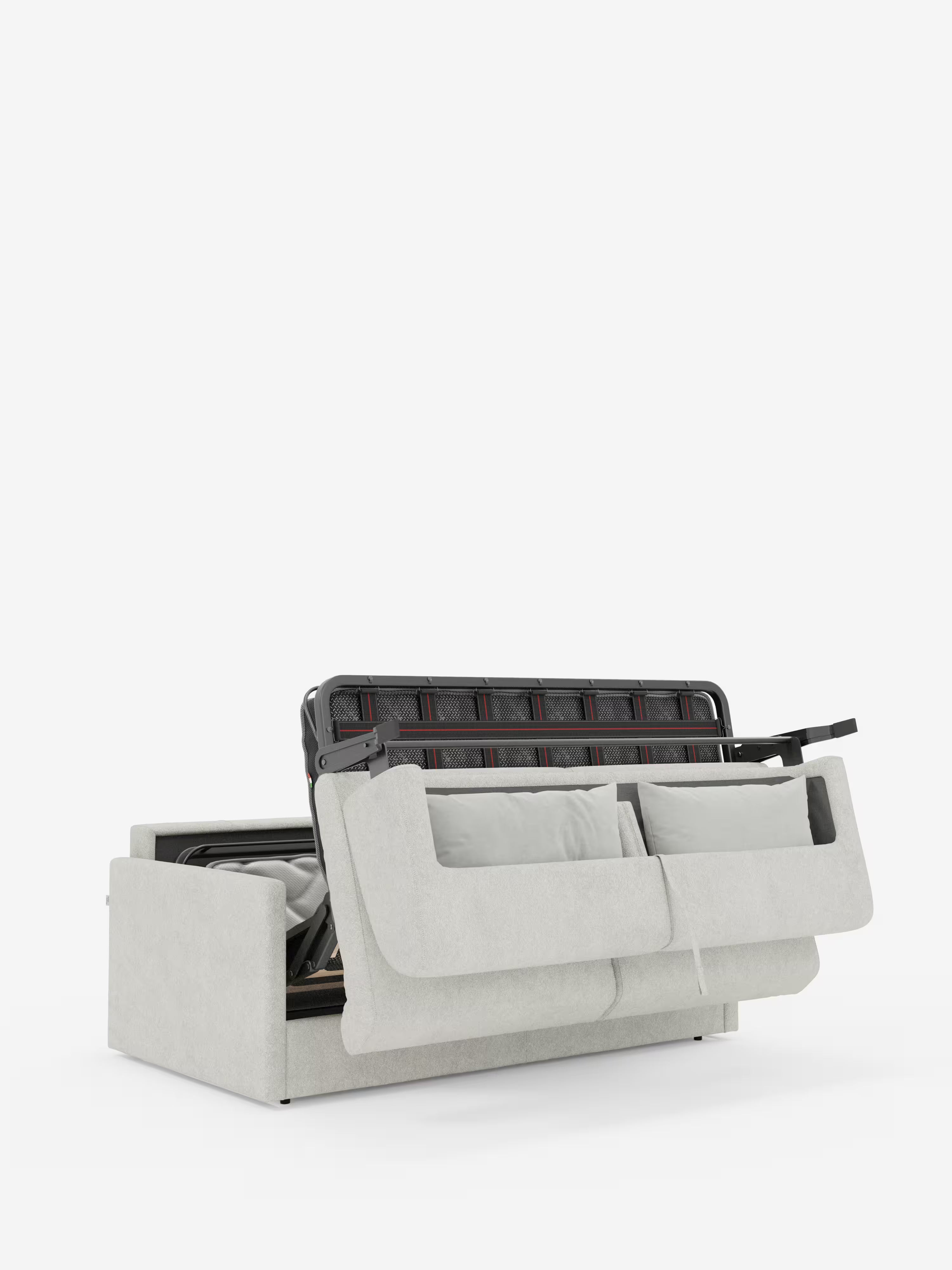 Un divano letto Tommy Divano a 2 e 3 posti matrimoniale di colore grigio chiaro, disponibile su Divani.Store, rivestito in tessuto T33 simile al cotone, 100% sfoderabile e resistente alle macchie, presenta un design compatto con una struttura in metallo a vista che lascia intravedere i cuscini ripiegati e lo spazio interno di stivaggio. Sono visibili due cuscini rettangolari dello schienale e il moderno divano letto è posto su uno sfondo bianco a tinta unita.