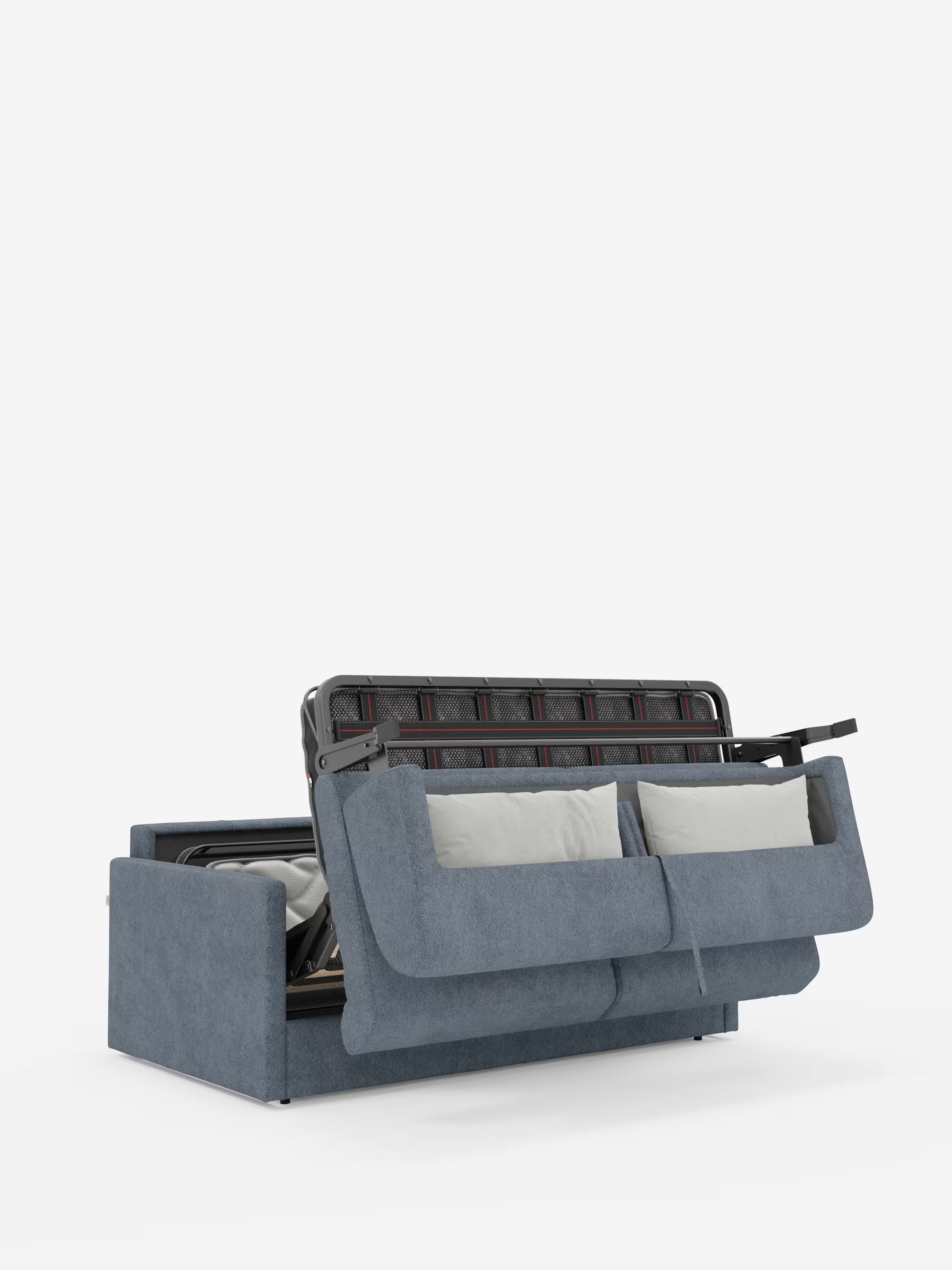 Il divano letto Tommy Divano a 2 e 3 posti matrimoniale di Divani.Store è presentato in blu, parzialmente aperto per mostrare la sua robusta struttura in metallo e il materasso nascosto. Due cuscini bianchi poggiano contro i cuscini dello schienale, mettendo in risalto il meccanismo del letto progettato per passare senza sforzo dalla posizione di seduta a quella di riposo. Questo moderno divano letto è completamente sfoderabile e rivestito in tessuto T33 simile al cotone, facile da pulire.