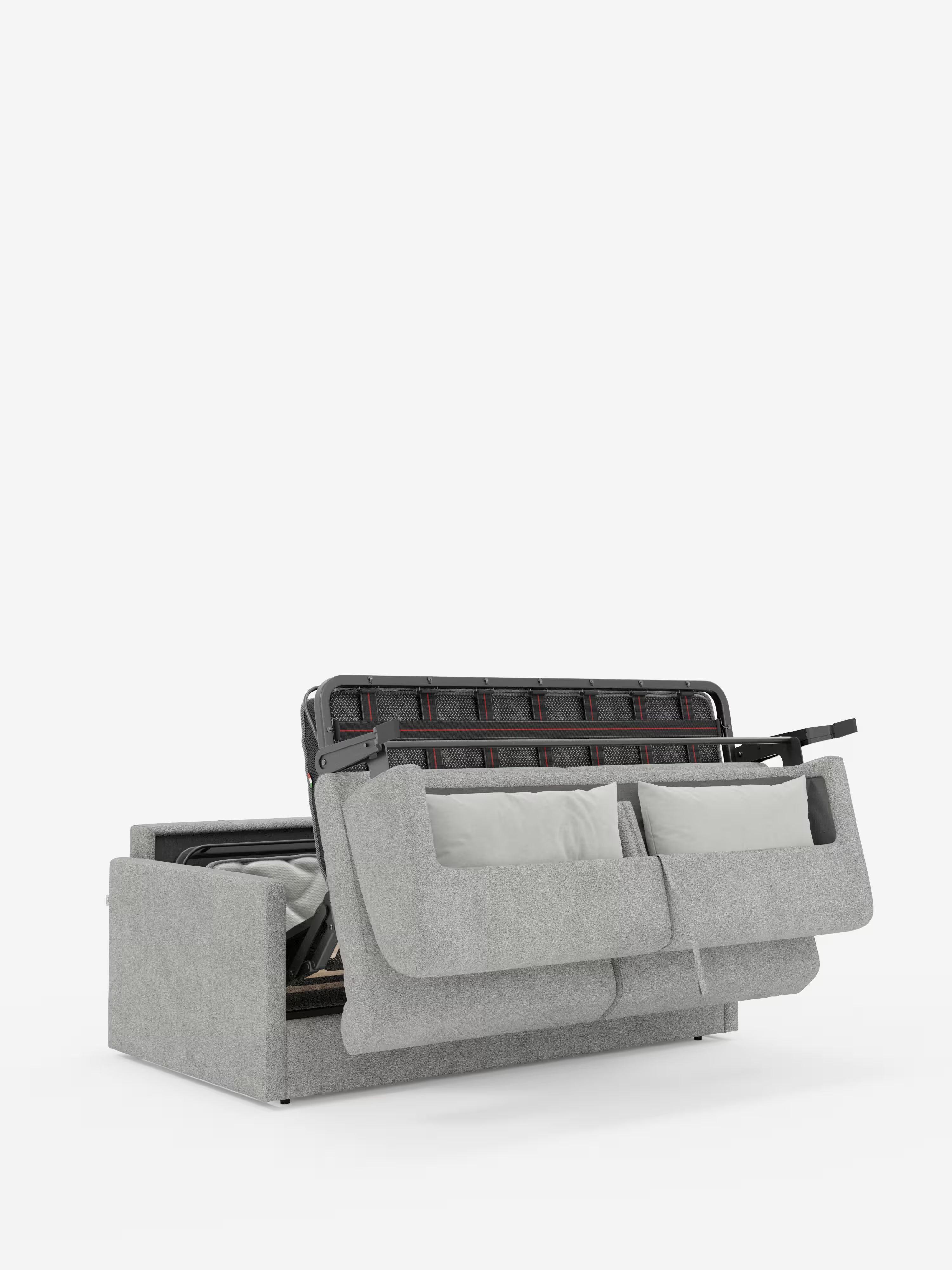 Il divano letto Tommy Divano a 2 e 3 posti matrimoniale di Divani.Store, di colore grigio, rivestito in tessuto T33 simile al cotone, 100% sfoderabile e antimacchia, è raffigurato con la parte di seduta sollevata per rivelare un vano portaoggetti nascosto al di sotto. Sono visibili due cuscini dello schienale e il meccanismo interno in metallo della struttura del letto è parzialmente a vista. Lo sfondo è bianco a tinta unita.