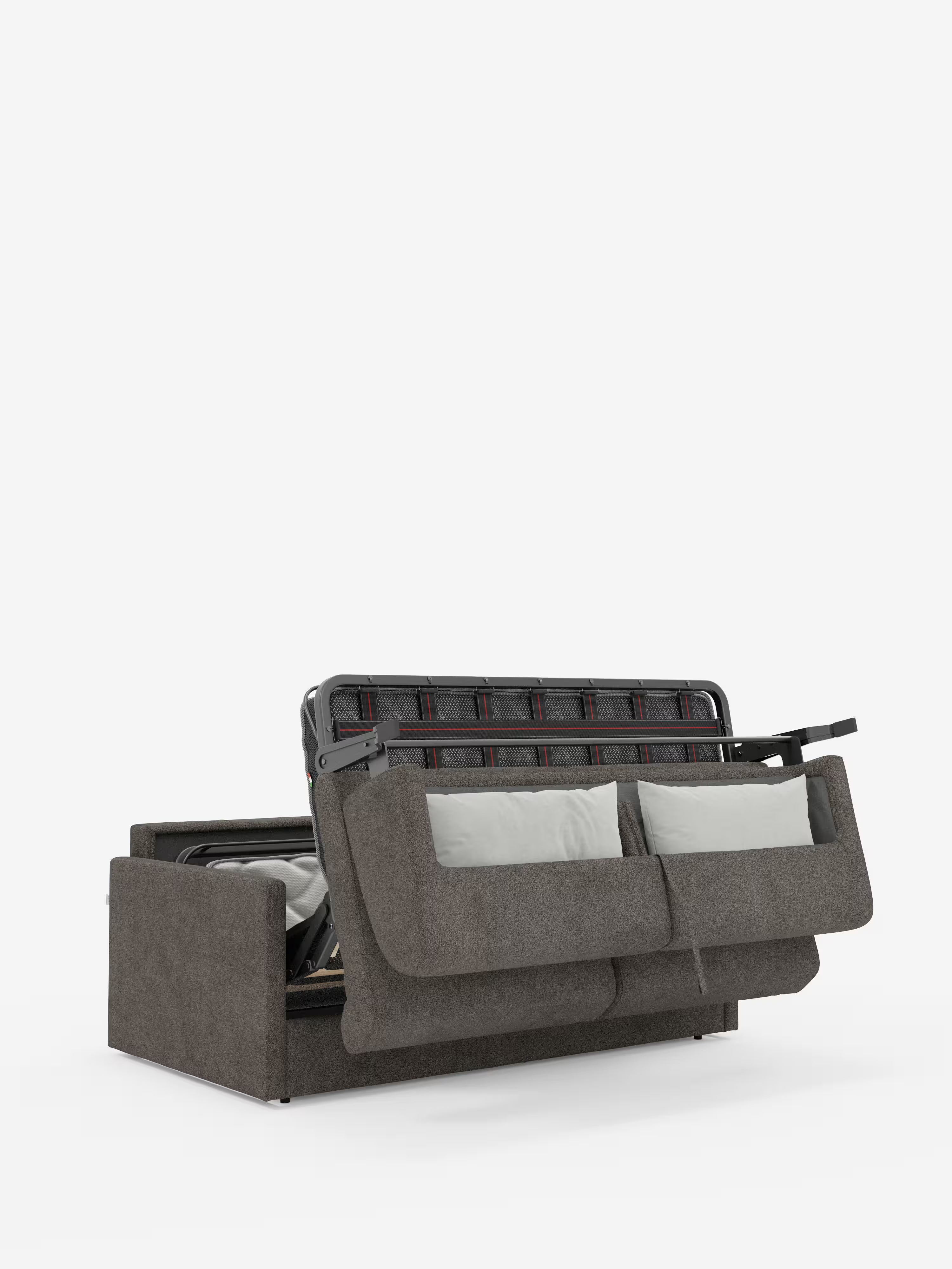 Il divano letto Tommy Divano a 2 e 3 posti matrimoniale di Divani.Store è qui presentato in tessuto T33 grigio scuro, simile al cotone e resistente alle macchie. Mostrato parzialmente aperto per rivelarne la struttura in metallo e il materasso, questo divano letto con rivestimento sfoderabile al 100% presenta due cuscini bianchi appoggiati agli schienali interni ed è posizionato su uno sfondo bianco a tinta unita.