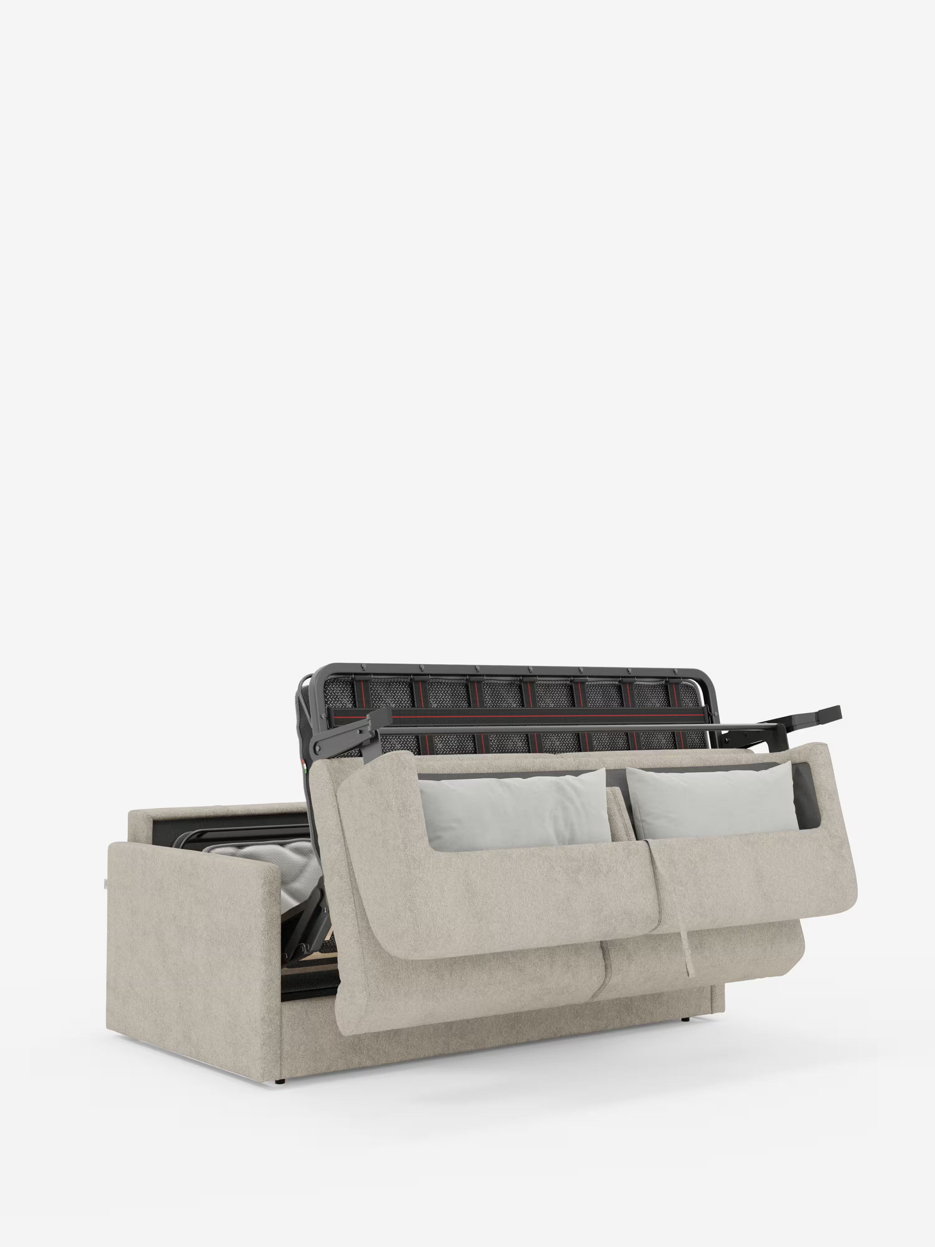 Il divano letto Tommy Divano a 2 e 3 posti matrimoniale di Divani.Store, rivestito in beige, è dotato di un meccanismo di apertura compatto che, una volta azionato, rivela una struttura letto nascosta e due cuscini grigio chiaro al suo interno. Il divano è realizzato in tessuto T33 simile al cotone, 100% sfoderabile e resistente alle macchie, e si presenta su uno sfondo bianco a tinta unita.