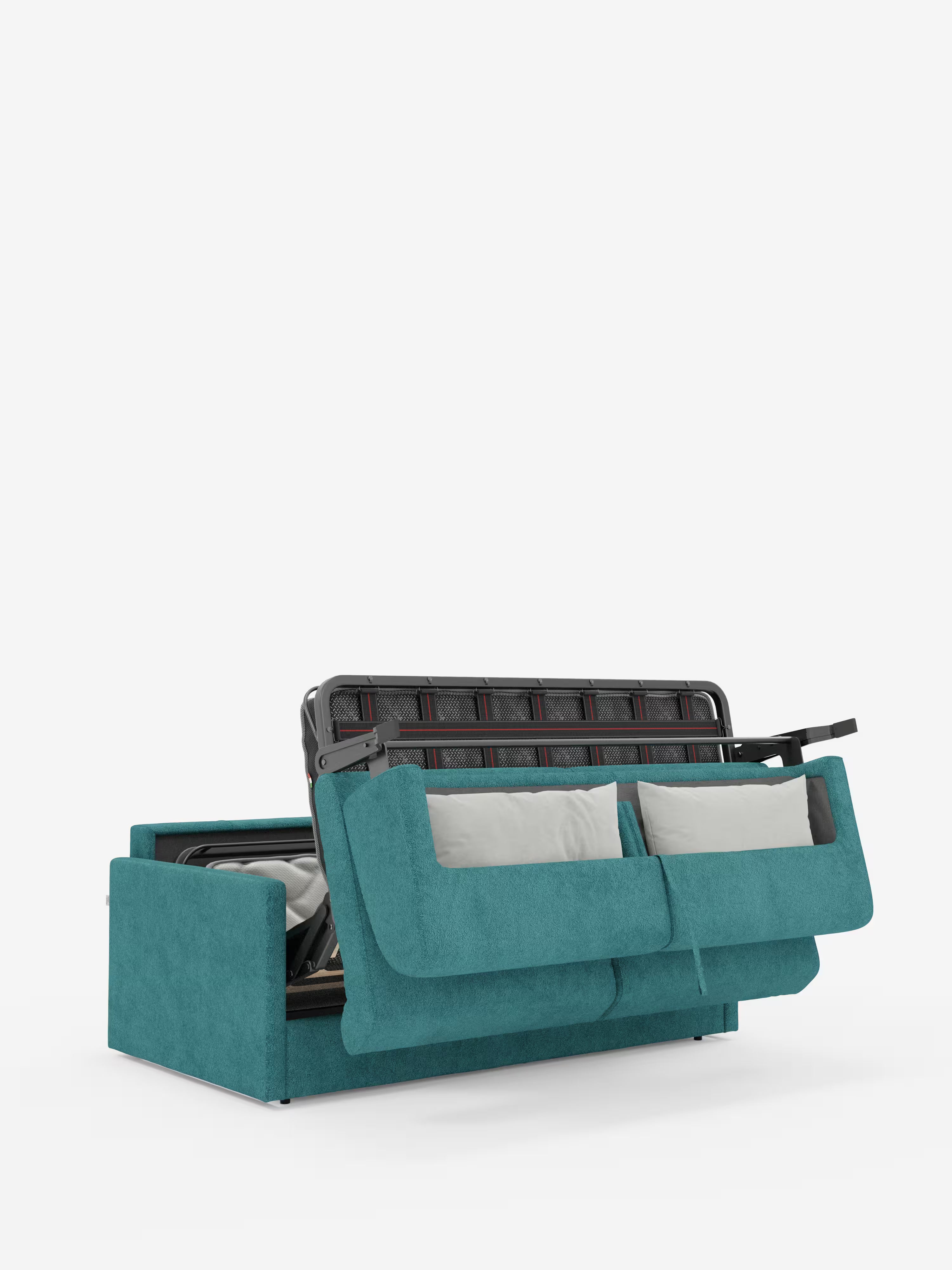 Un "Tommy Divano letto 2 e 3 posti matrimoniale" color verde acqua di Divani.Store, con due cuscini grigio chiaro, è parzialmente aperto per mostrare la struttura metallica del letto e il meccanismo di trasformazione a vista. Rivestito in tessuto T33 simile al cotone, 100% sfoderabile e resistente alle macchie, è posizionato su uno sfondo bianco a tinta unita.
