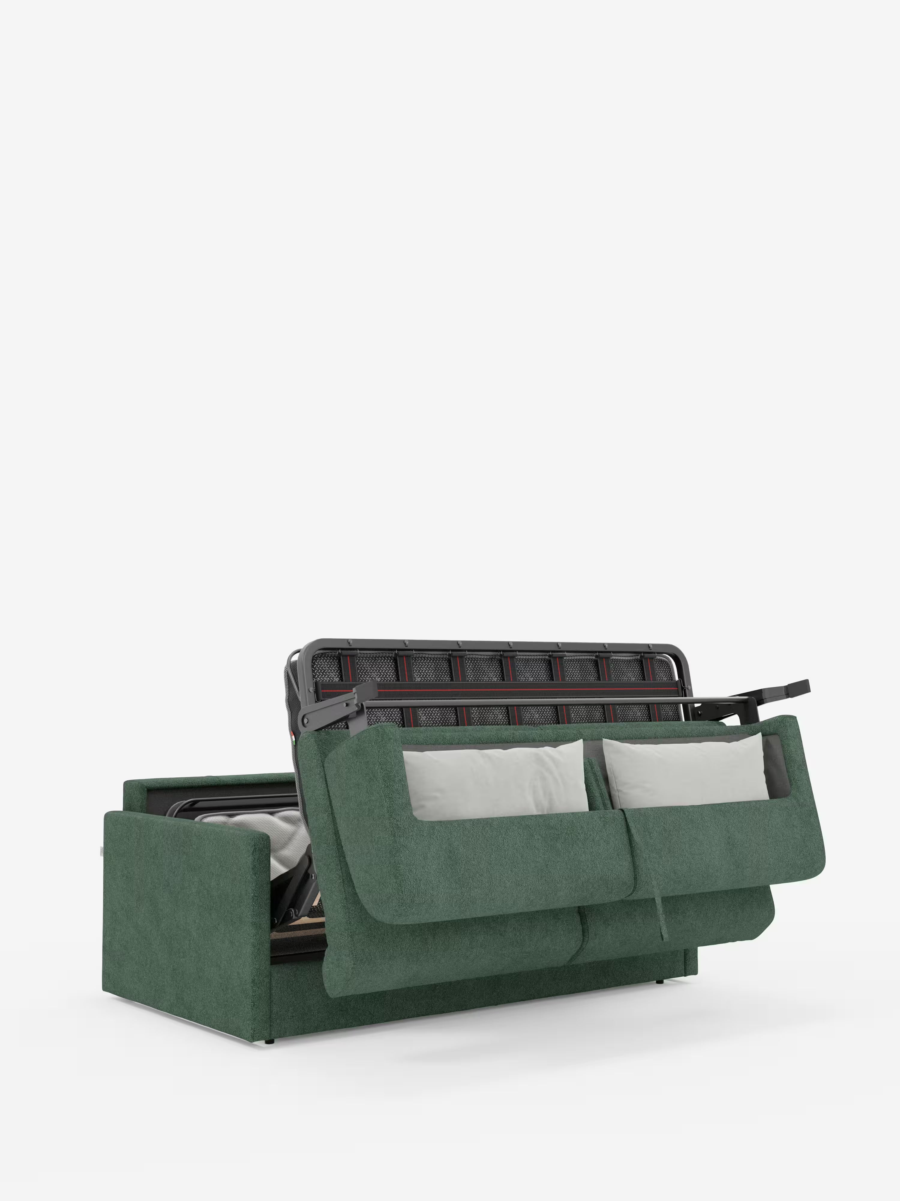 Il divano letto Tommy Divano a 2 e 3 posti matrimoniale di Divani.Store, qui raffigurato nella versione in tessuto T33 moderno, verde, resistente alle macchie e simile al cotone, con braccioli sottili, è parzialmente aperto per rivelare una struttura letto estraibile in metallo e un materasso. Questo divano letto compatto è dotato di due cuscini grigio chiaro appoggiati allo schienale, che risaltano sullo sfondo bianco a tinta unita. Il rivestimento è completamente sfoderabile per facilitare la pulizia.