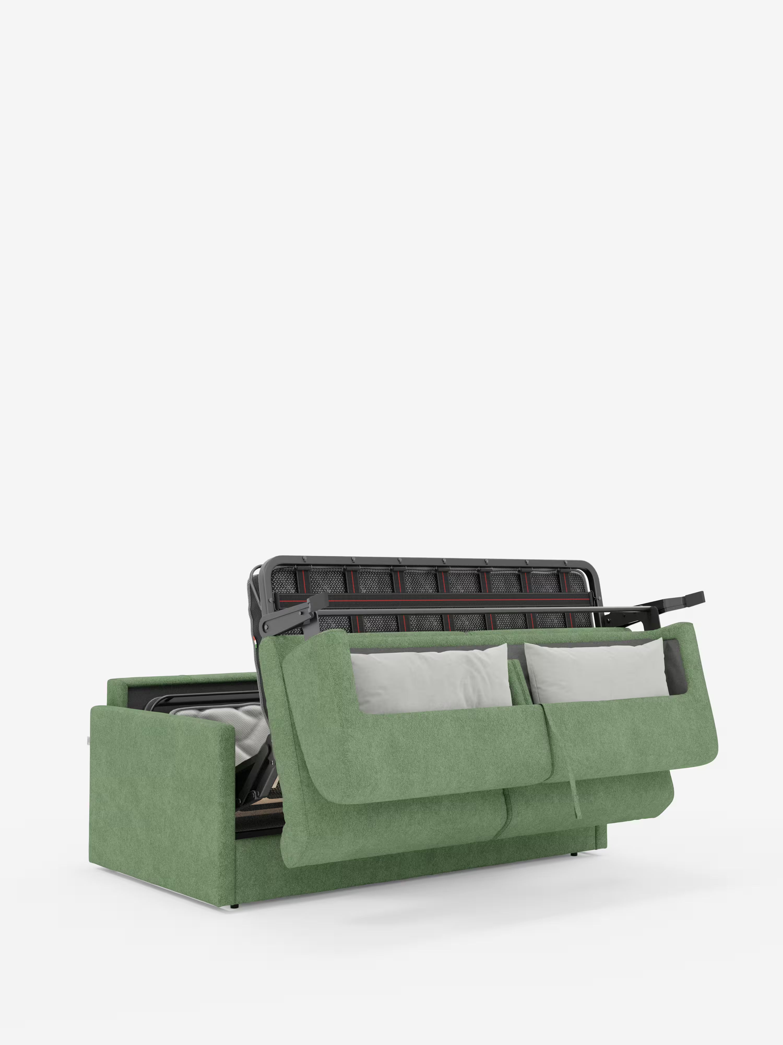 Il divano letto Tommy Divano a 2 e 3 posti matrimoniale di Divani.Store, rivestito in tessuto T33 facile da pulire e simile al cotone, è dotato di due cuscini dello schienale e presenta una silhouette compatta. La seduta si solleva per rivelare un meccanismo a letto in metallo, ripiegato in modo ordinato, con un materasso all’interno. Su uno sfondo bianco a tinta unita, questo divano letto con rivestimento sfoderabile al 100% mette in risalto il suo design trasformabile e il pratico spazio contenitivo.