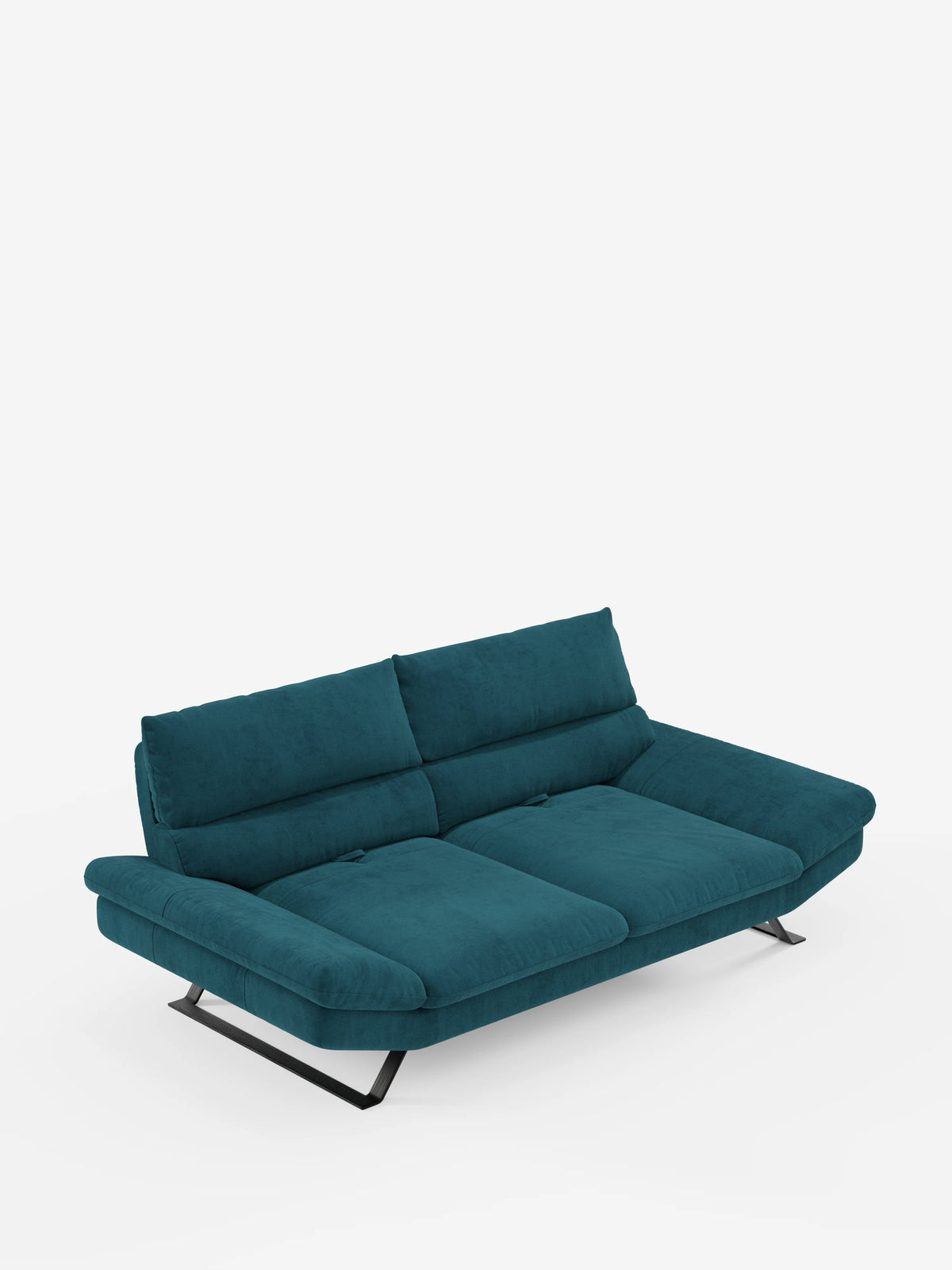 Un moderno divano Eclipse a 2 e 3 posti di Divani.Store, rivestito in elegante microfibra T11 resistente alle macchie, su uno sfondo bianco. Caratterizzato da ampi braccioli, imbottitura morbida, cuscini di seduta trapuntati e schienali traslanti, questo divano contemporaneo color verde acqua presenta una silhouette slanciata e dal profilo basso, con base sospesa e gambe in metallo nero ad angolo accentuato.