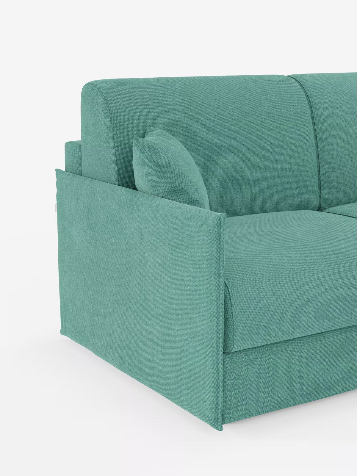 In foto, visto dal lato sinistro, il divano letto angolare con penisola contenitore Evans di Divani.Il modello presenta un moderno rivestimento in tessuto T23 color verde acqua smacchiabile, linee pulite, un ampio bracciolo, un cuscino quadrato abbinato e una seduta morbida dal design minimalista: questo divano letto compatto e versatile offre stile e funzionalità su uno sfondo bianco semplice.
